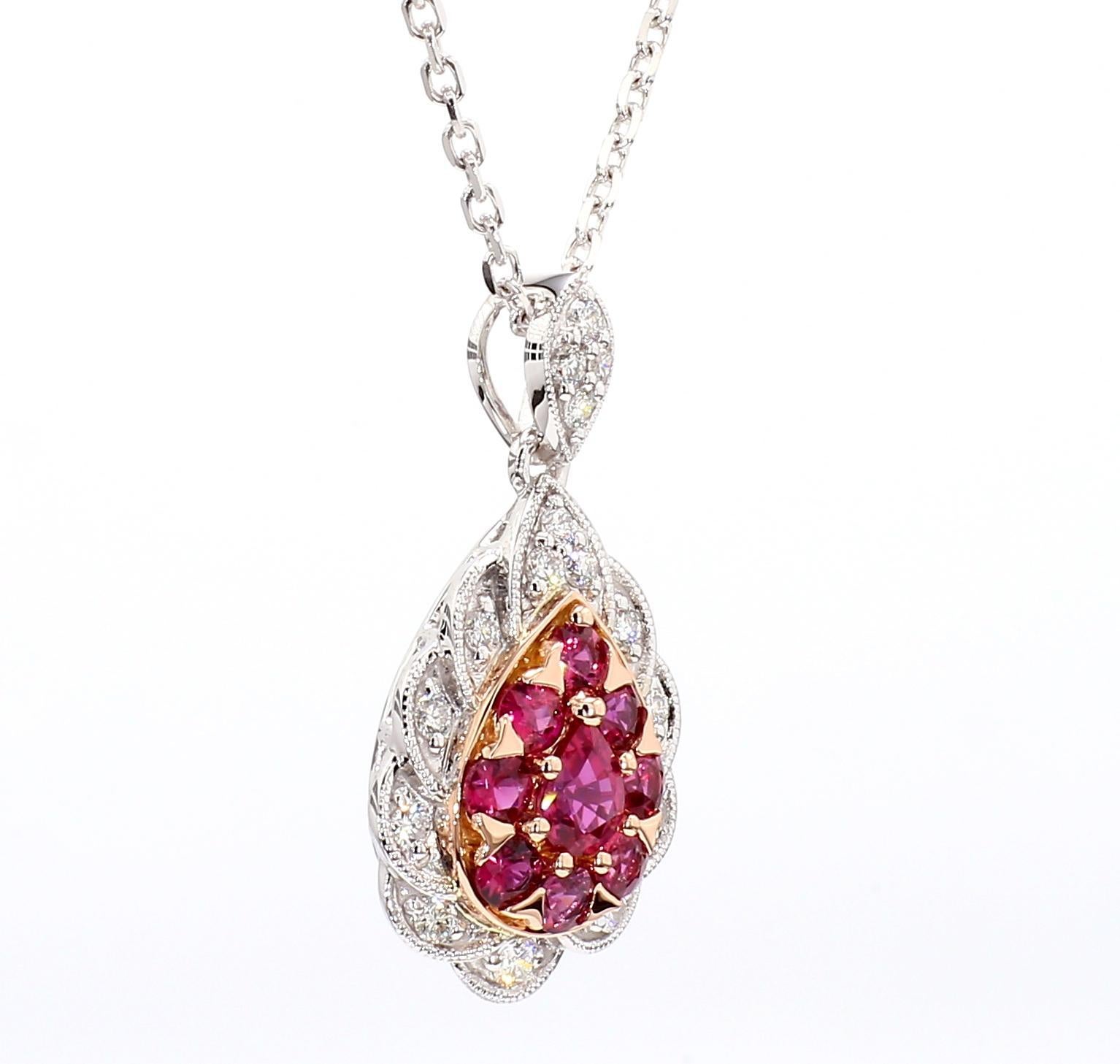 Taglio a goccia Ciondolo a goccia in oro con rubino rosso perlato naturale e diamante bianco da 91 carati TW in vendita