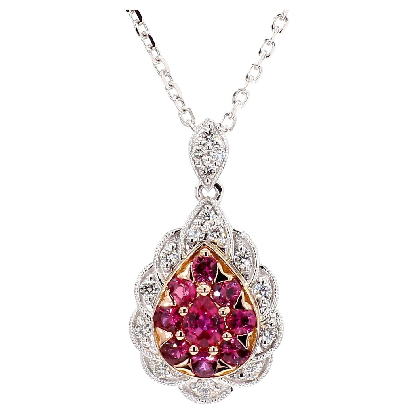 Colgante de gota de oro de 91 quilates TW de rubí rojo pera natural y diamante blanco
