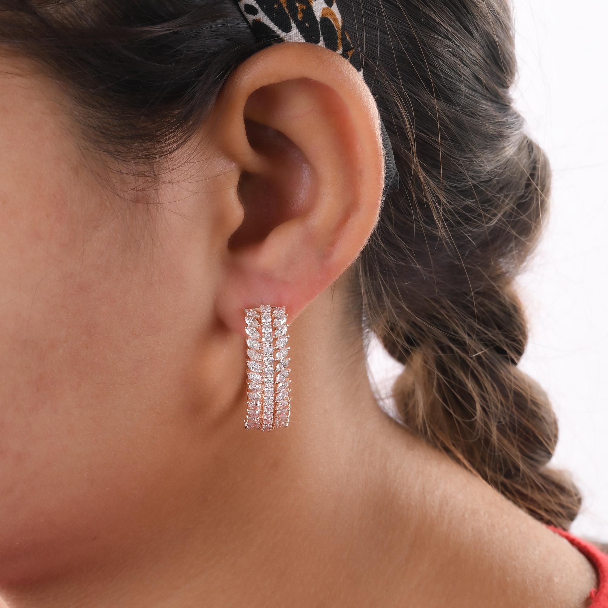 Modern Natural Pear & Round Diamond Hoop Earrings 14 Karat Yellow Gold Handmade Jewelry For Sale