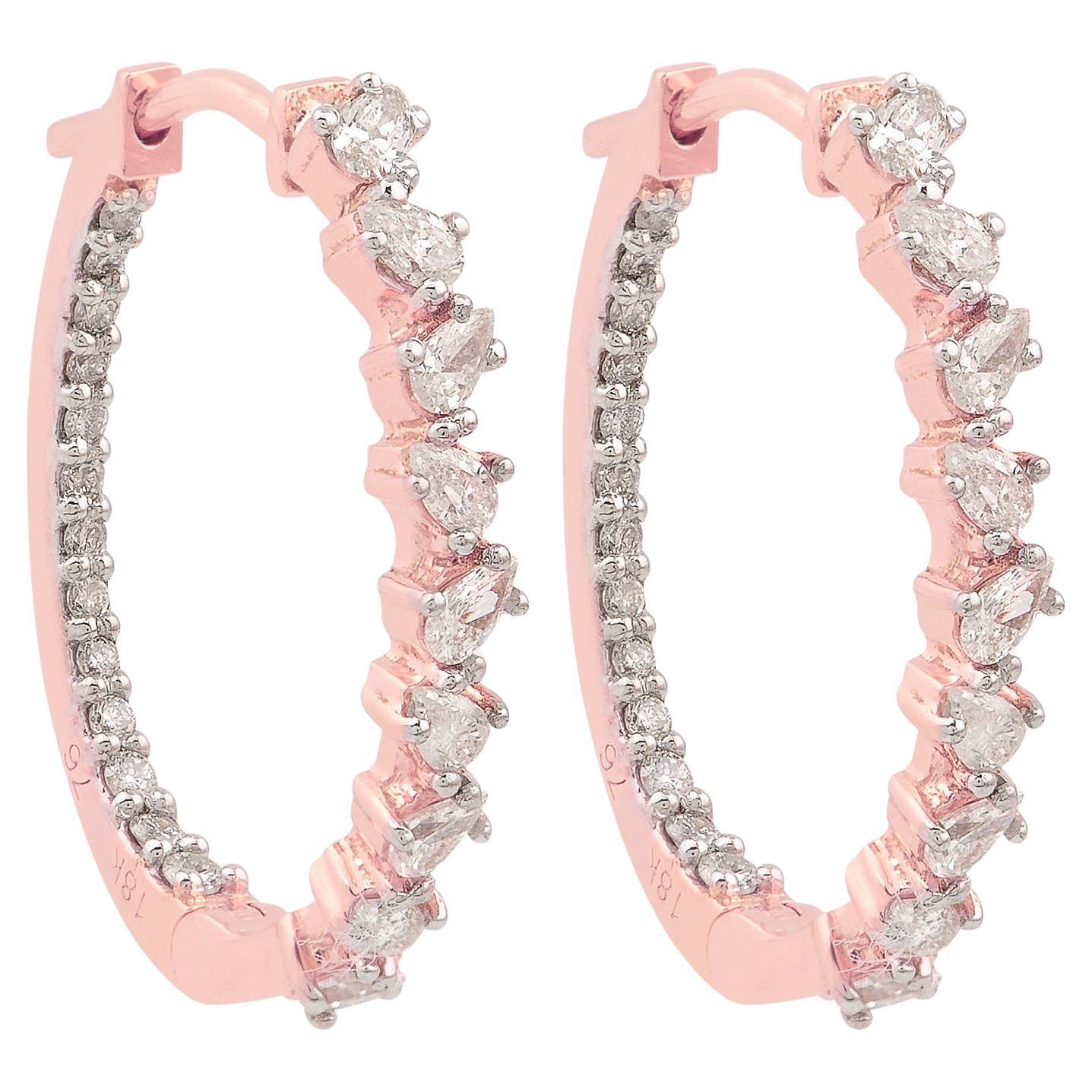 Natural Pear Round Diamond Hoop Earrings 18 Karat Rose Gold Handmade Jewelry