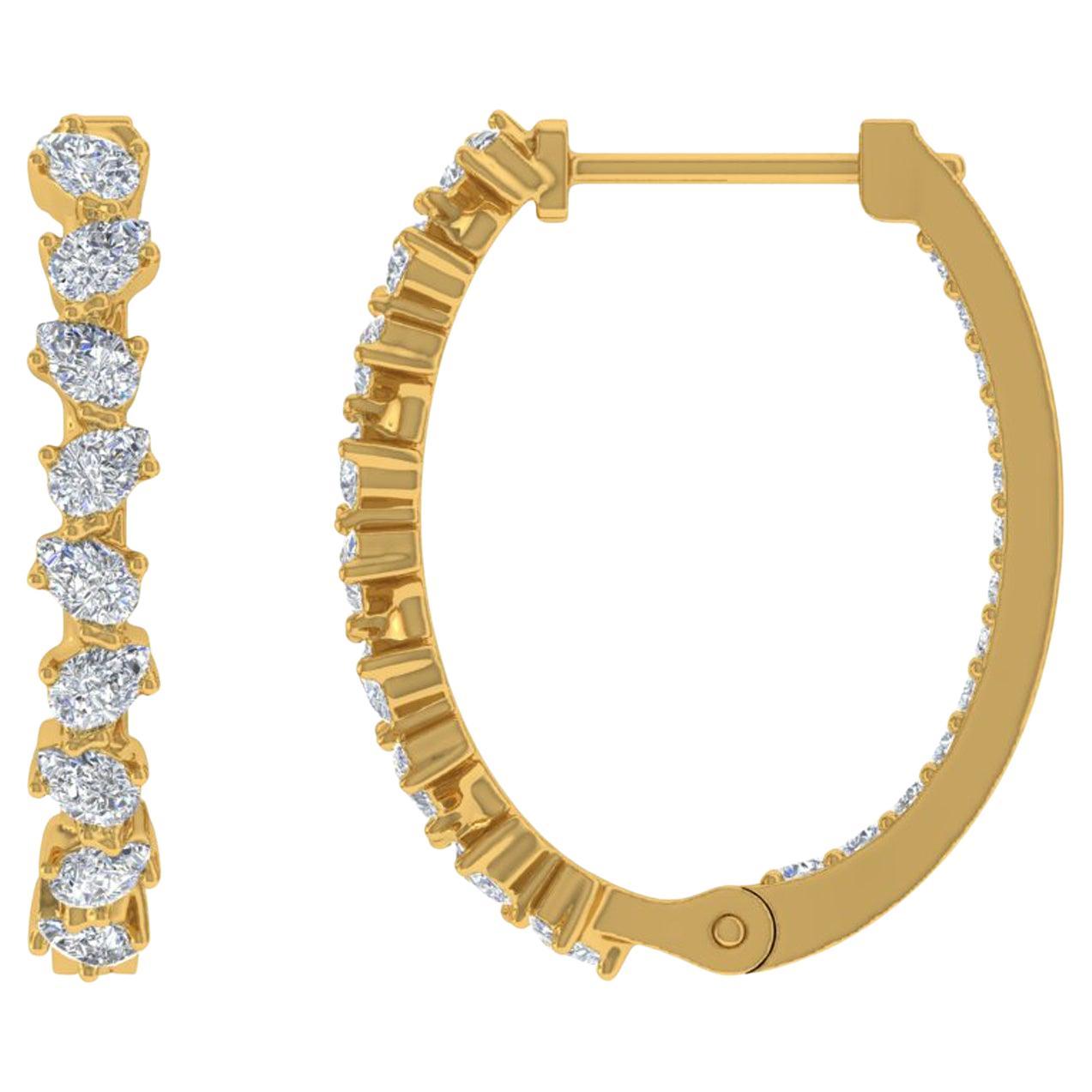 Créoles artisanales en or jaune 18 carats avec diamants ronds taille poire naturelle