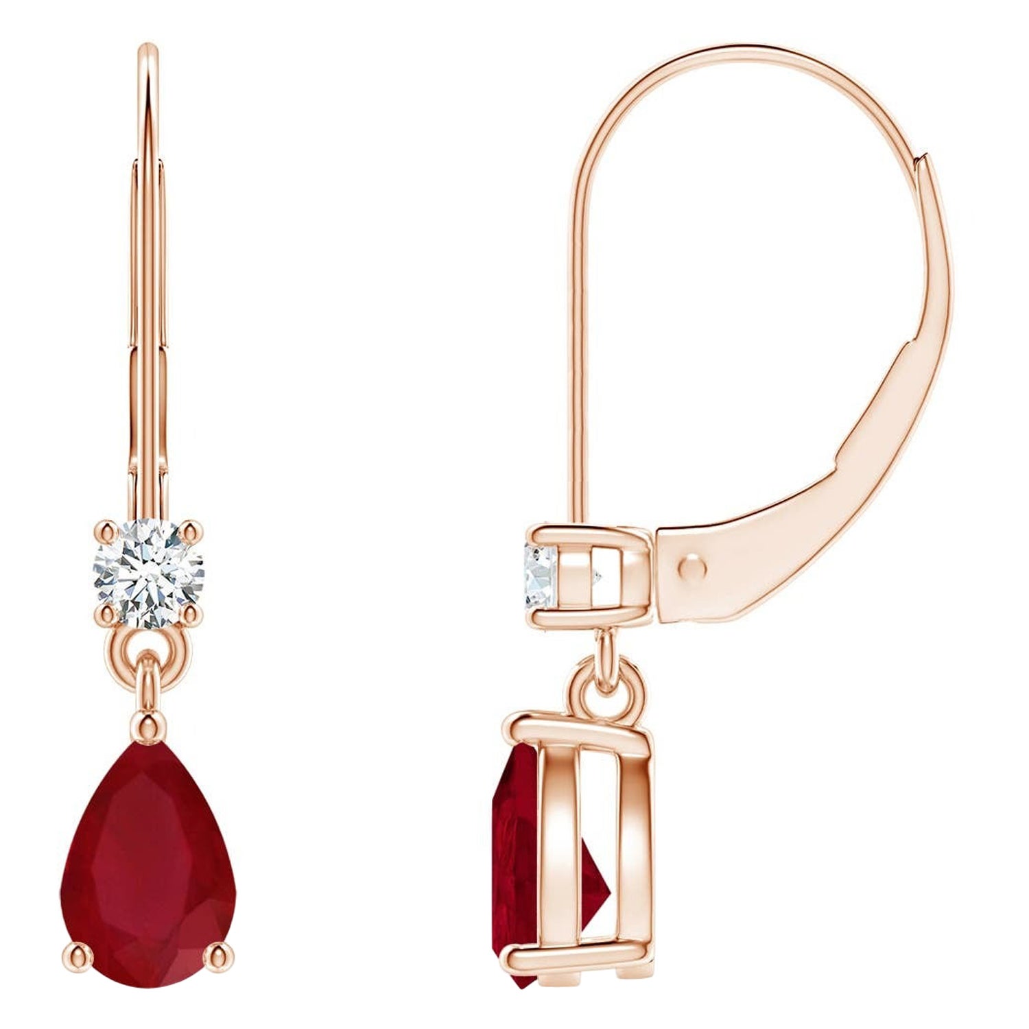Boucles d'oreilles pendantes en or rose 14 carats avec rubis poire naturel et diamants, taille 6 x 4 mm en vente