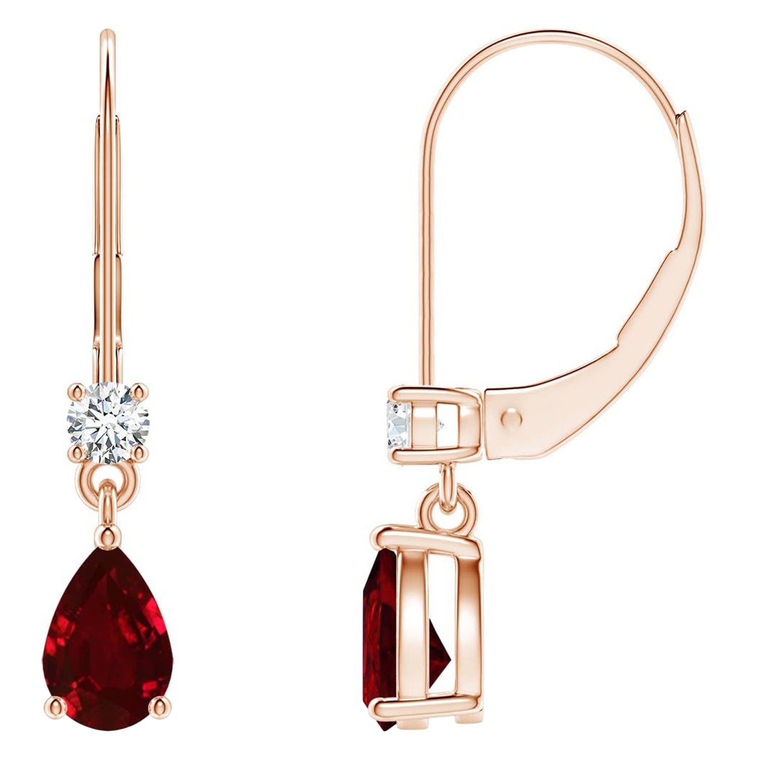 Boucles d'oreilles pendantes en or rose 14 carats avec rubis poire naturel et diamants, taille 6 x 4 mm