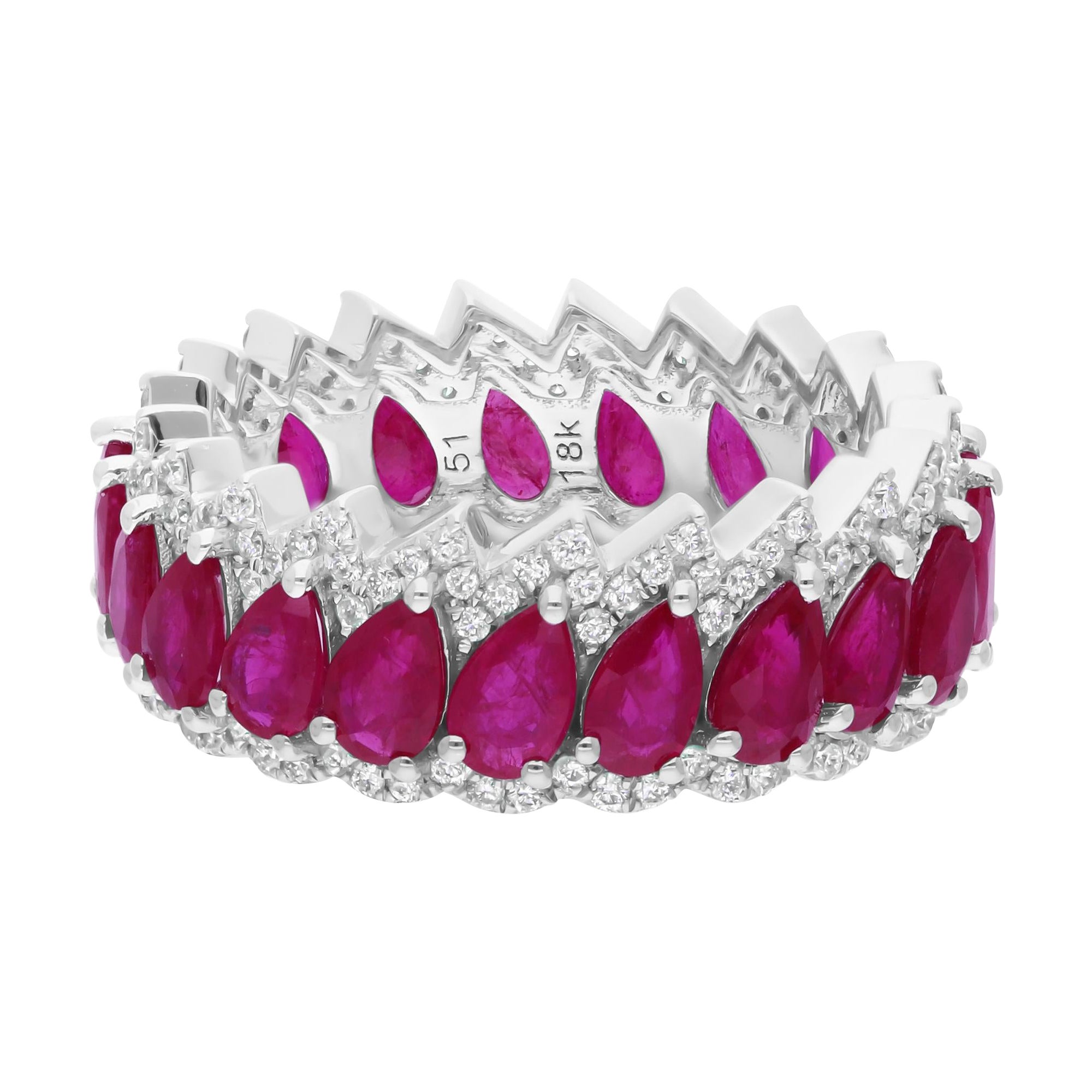 Natürliche Birne Rubin Edelstein Band Ring SI/H Runde Diamant 14k Weißgold-Schmuck