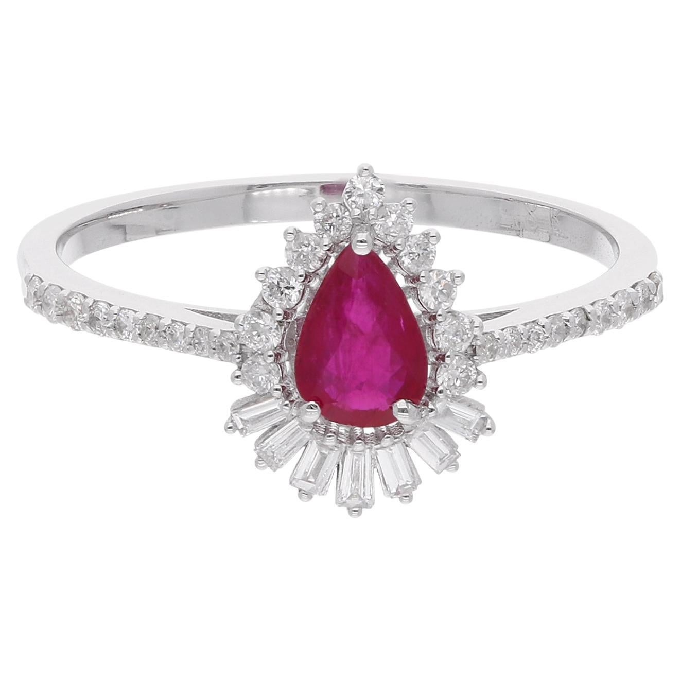 Anillo de piedras preciosas de rubí pera natural SI/H diamante baguette Joyas de oro blanco de 18k