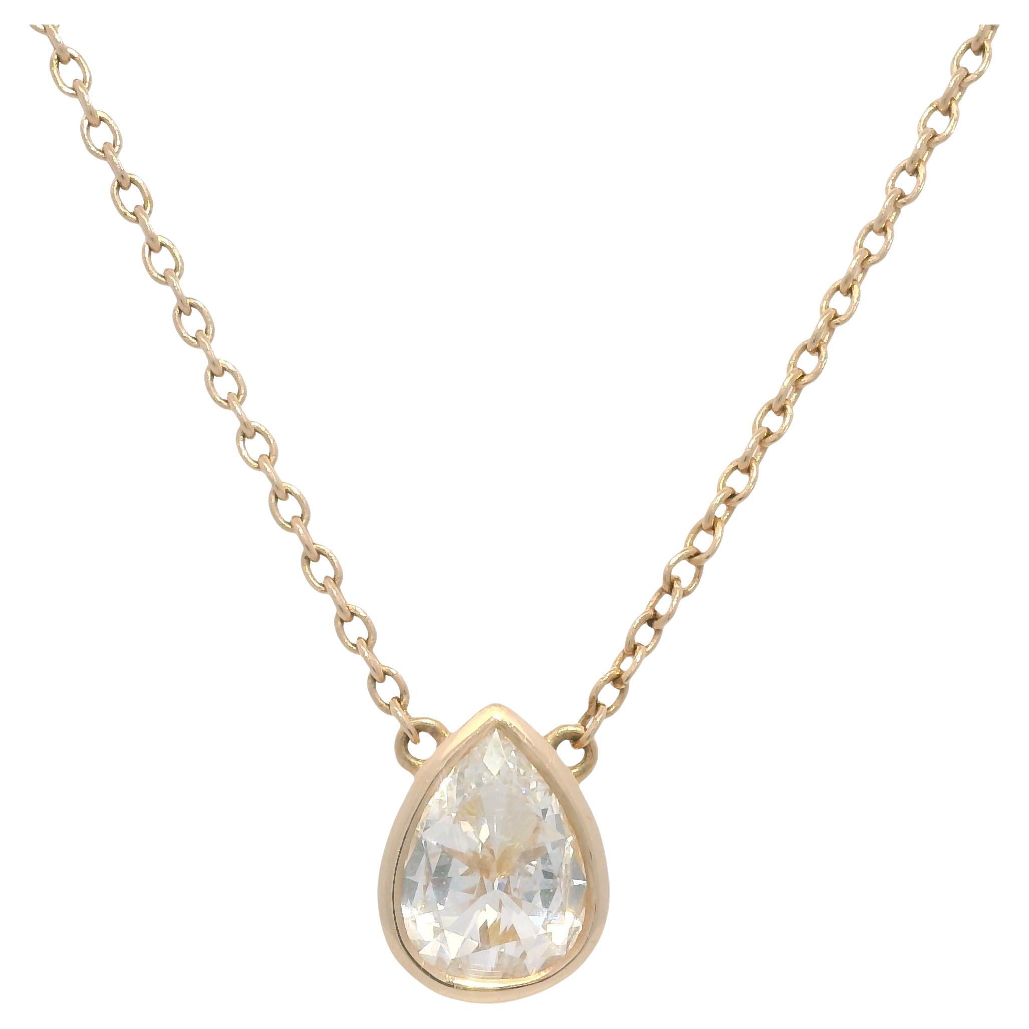 Natural Pear Shape Diamond Bezel Set 14-Karat Pendant Necklace In Stock