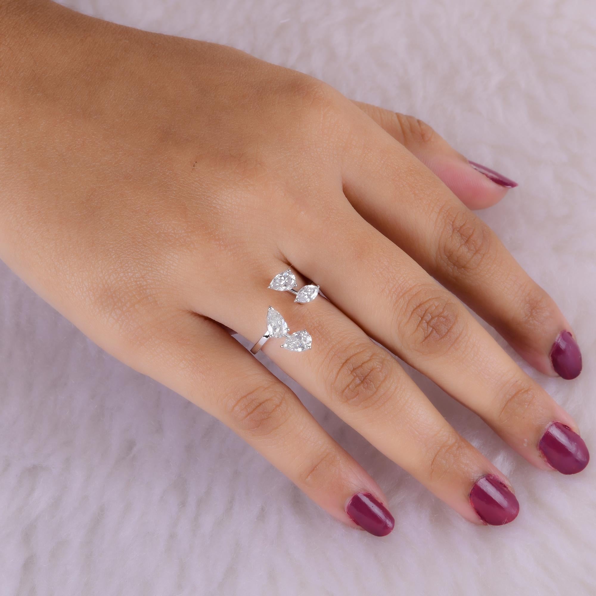 Modern Natural Pear Shape Diamond Cuff Ring 14 Karat White Gold Fine Handmade Jewelry For Sale