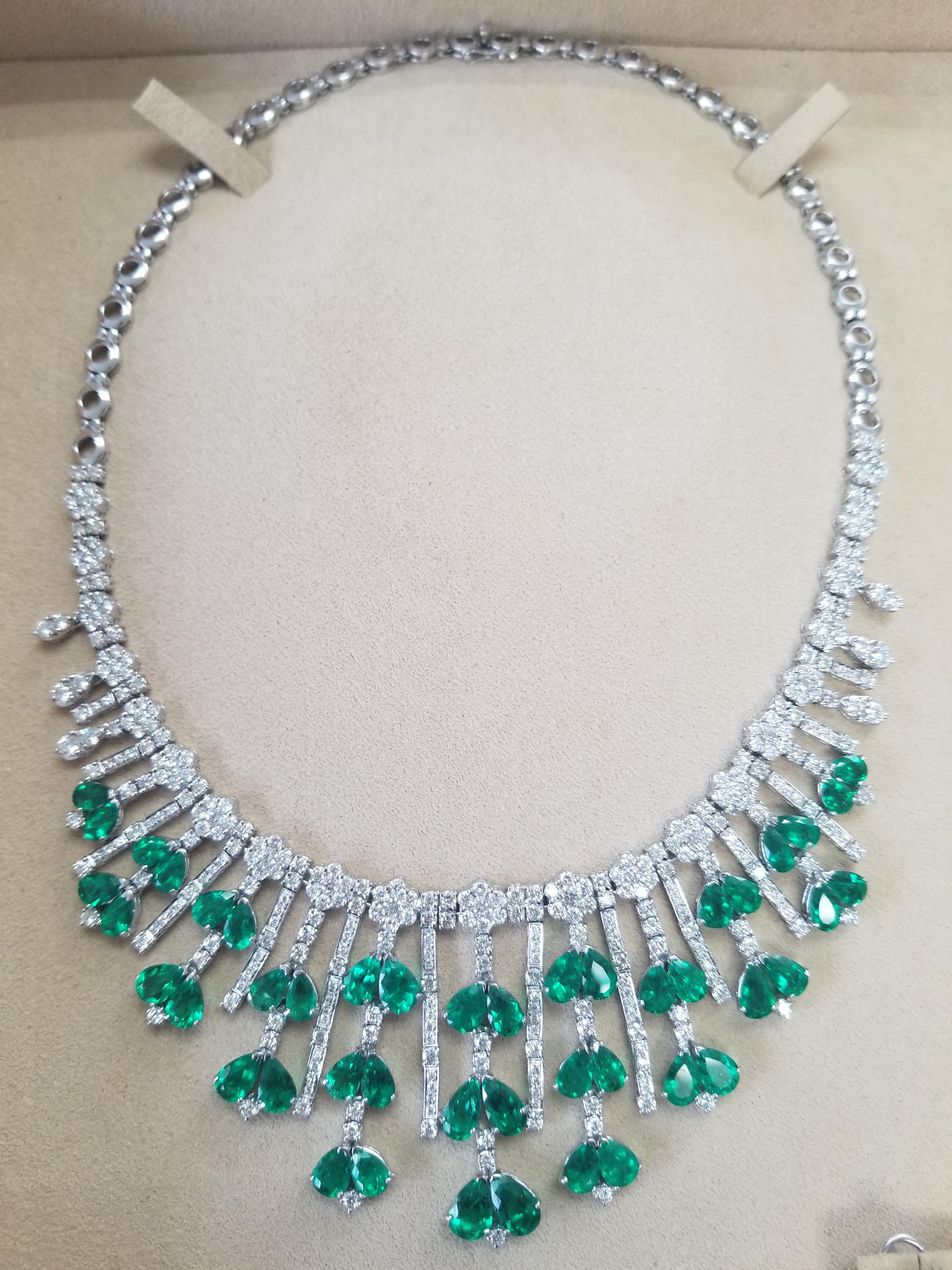 Art Deco Natural Matching Colombian Pear Shape Emeralds and Diamonds Set