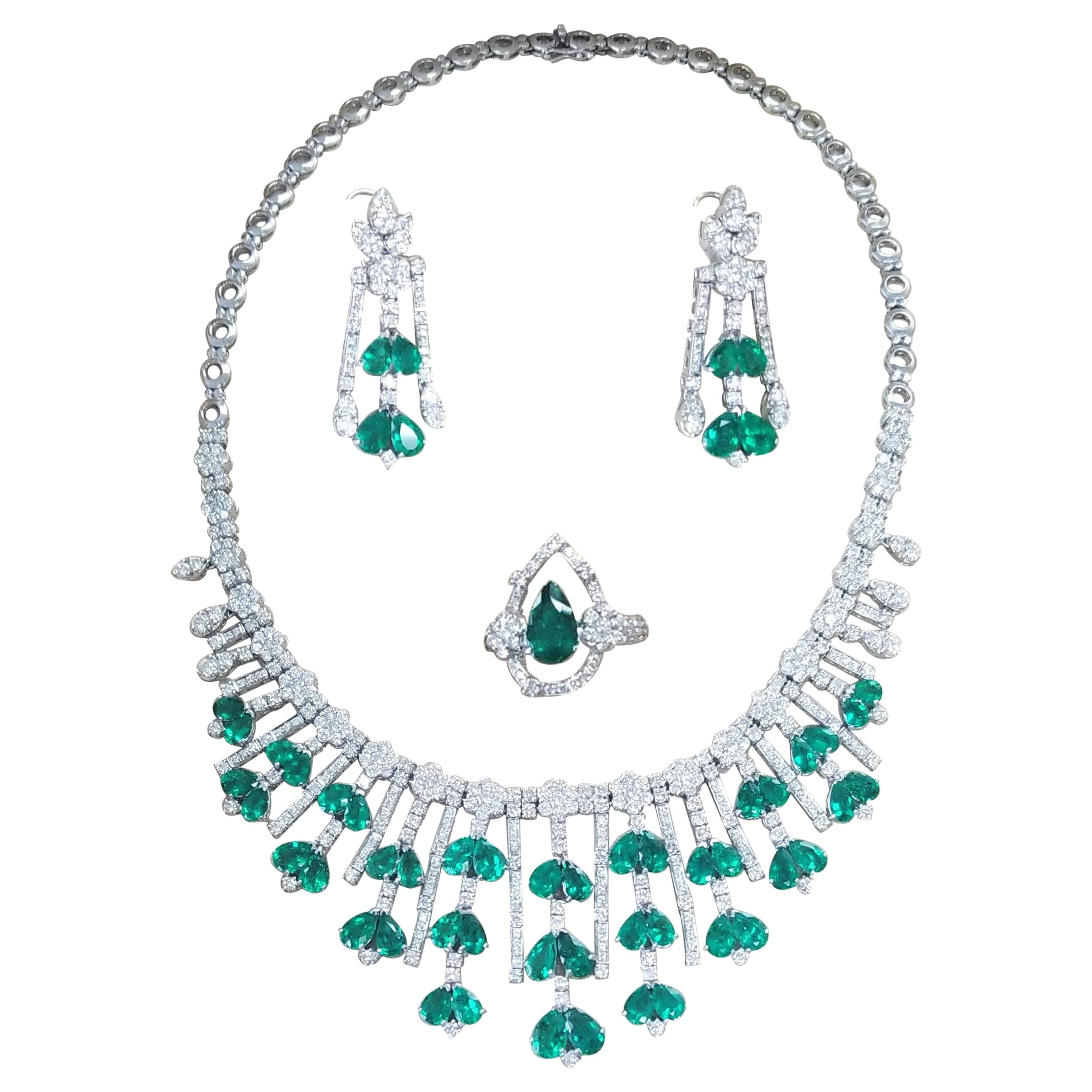 Natural Matching Colombian Pear Shape Emeralds and Diamonds Set