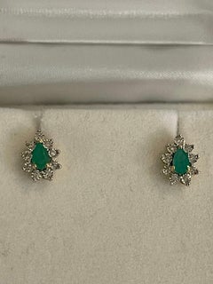 Natural Pear Shape Emerald and Diamonds Post Earrings 14 Karat Yellow Gold