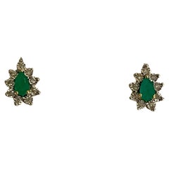 Natural Pear Shape Emerald and Diamonds Post Earrings 14 Karat Yellow Gold