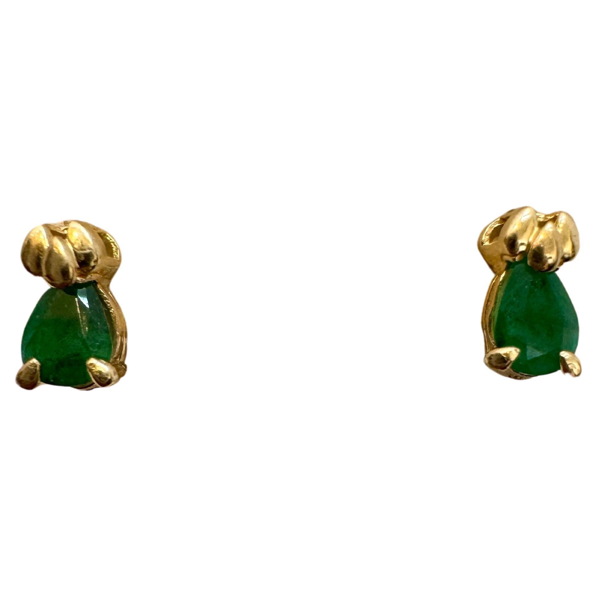 Natural Pear Shape Emerald Post Earrings 14 Karat Yellow Gold For Sale
