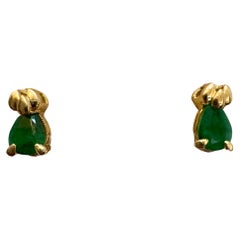 Natural Pear Shape Emerald Post Earrings 14 Karat Yellow Gold