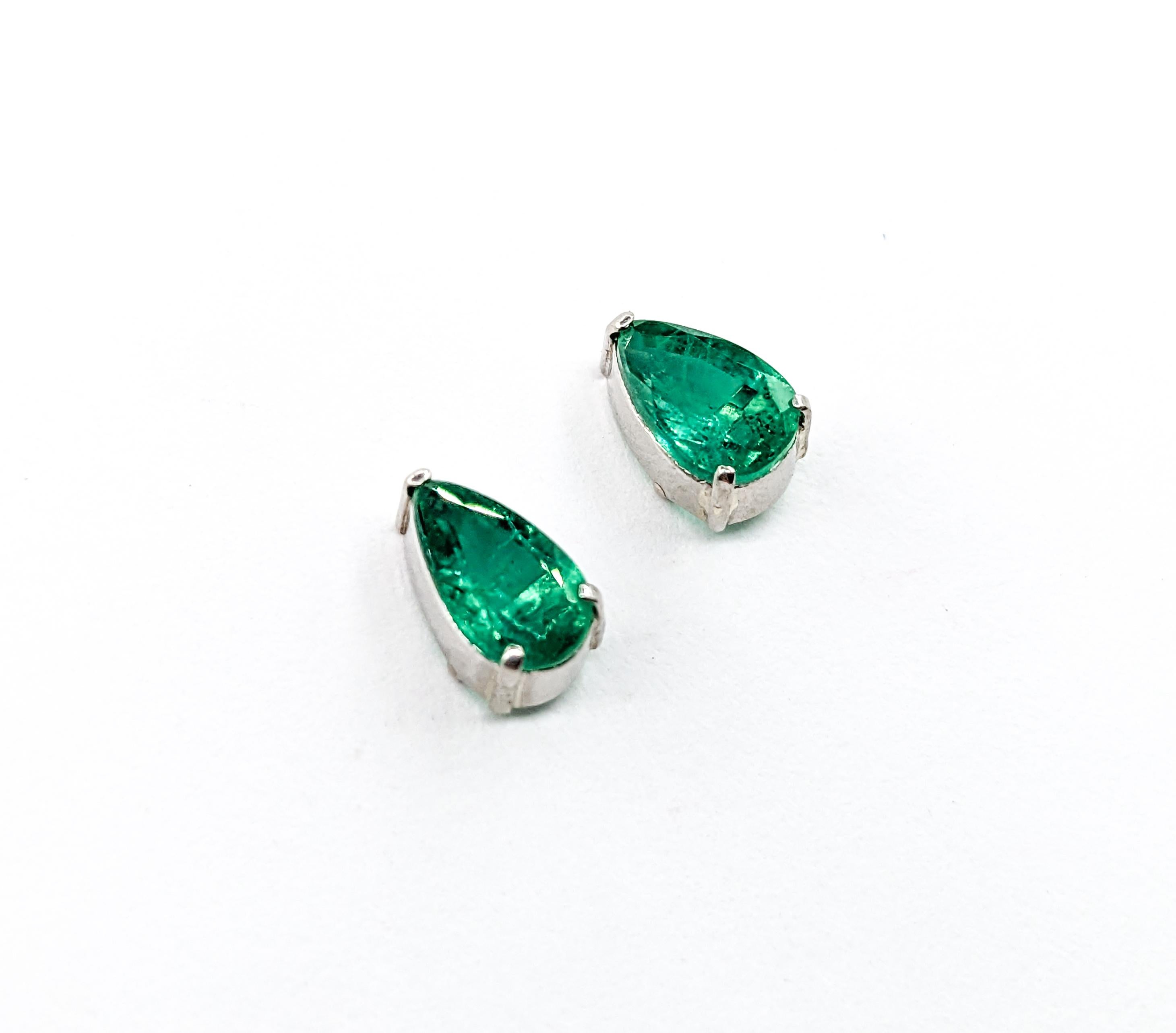 Pear Cut  Natural Pear Shape Emerald Stud Earring in White Gold For Sale