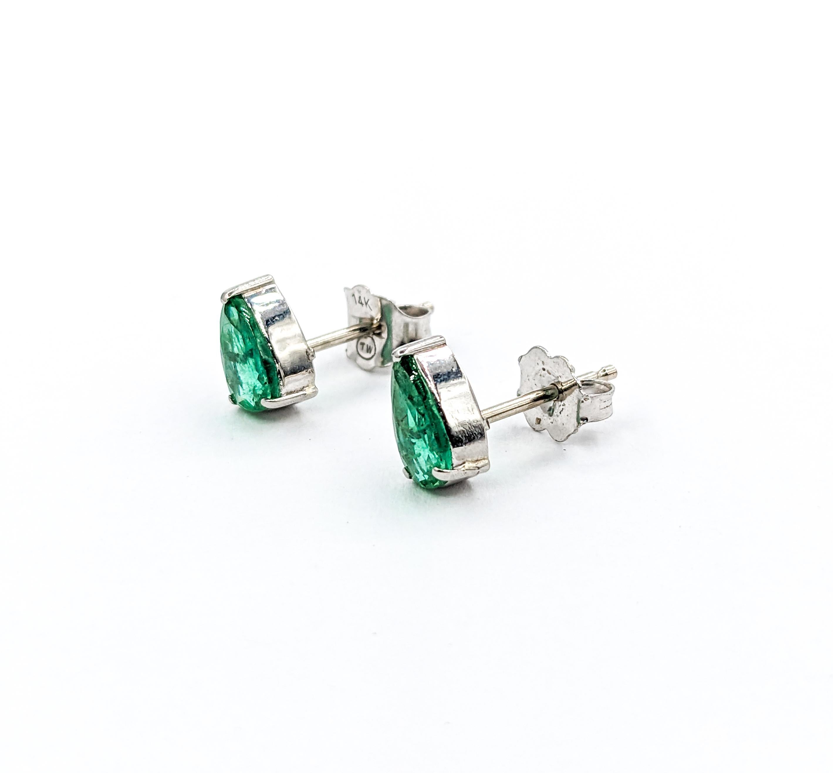  Natural Pear Shape Emerald Stud Earring in White Gold For Sale 2