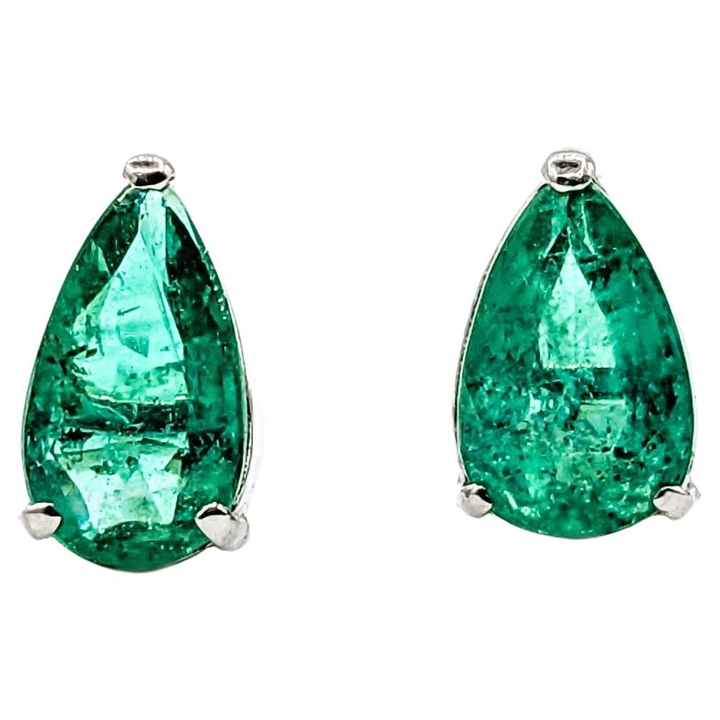 Natural Pear Shape Emerald Stud Earring in White Gold For Sale