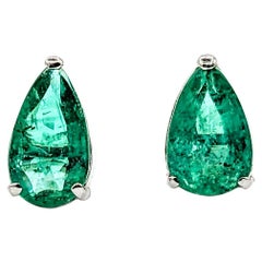Retro  Natural Pear Shape Emerald Stud Earring in White Gold