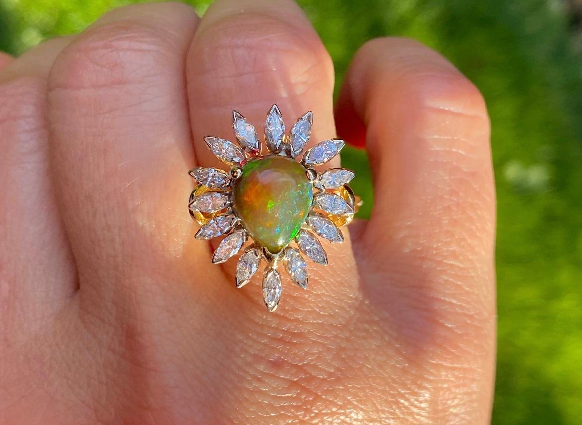 Natural Pear Shape Opal and Marquise Cut Diamond Halo in 18K Yellow Gold Ring For Sale 1