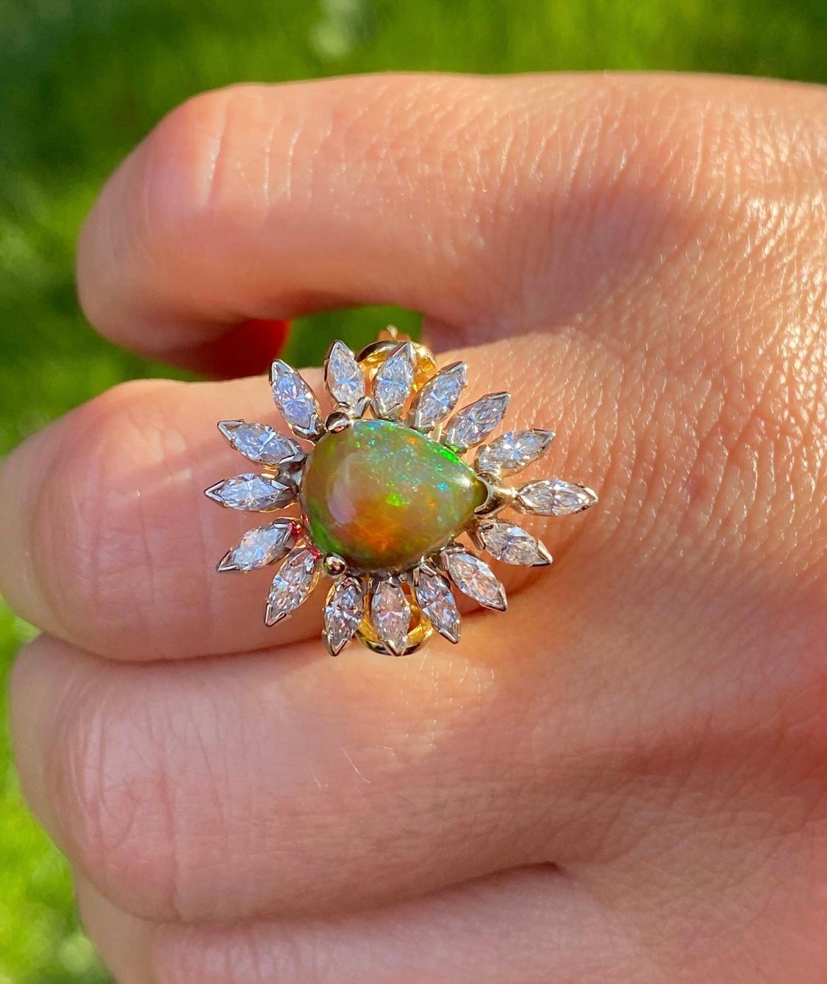 Natural Pear Shape Opal and Marquise Cut Diamond Halo in 18K Yellow Gold Ring For Sale 2