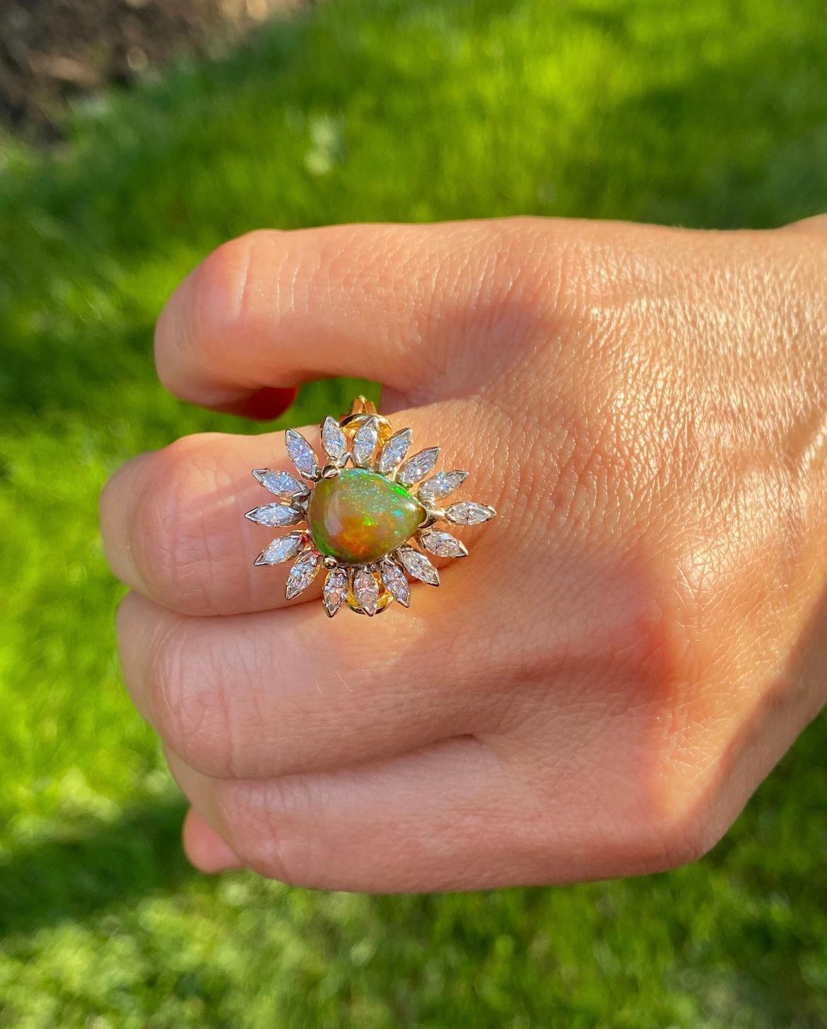 Natural Pear Shape Opal and Marquise Cut Diamond Halo in 18K Yellow Gold Ring For Sale 3