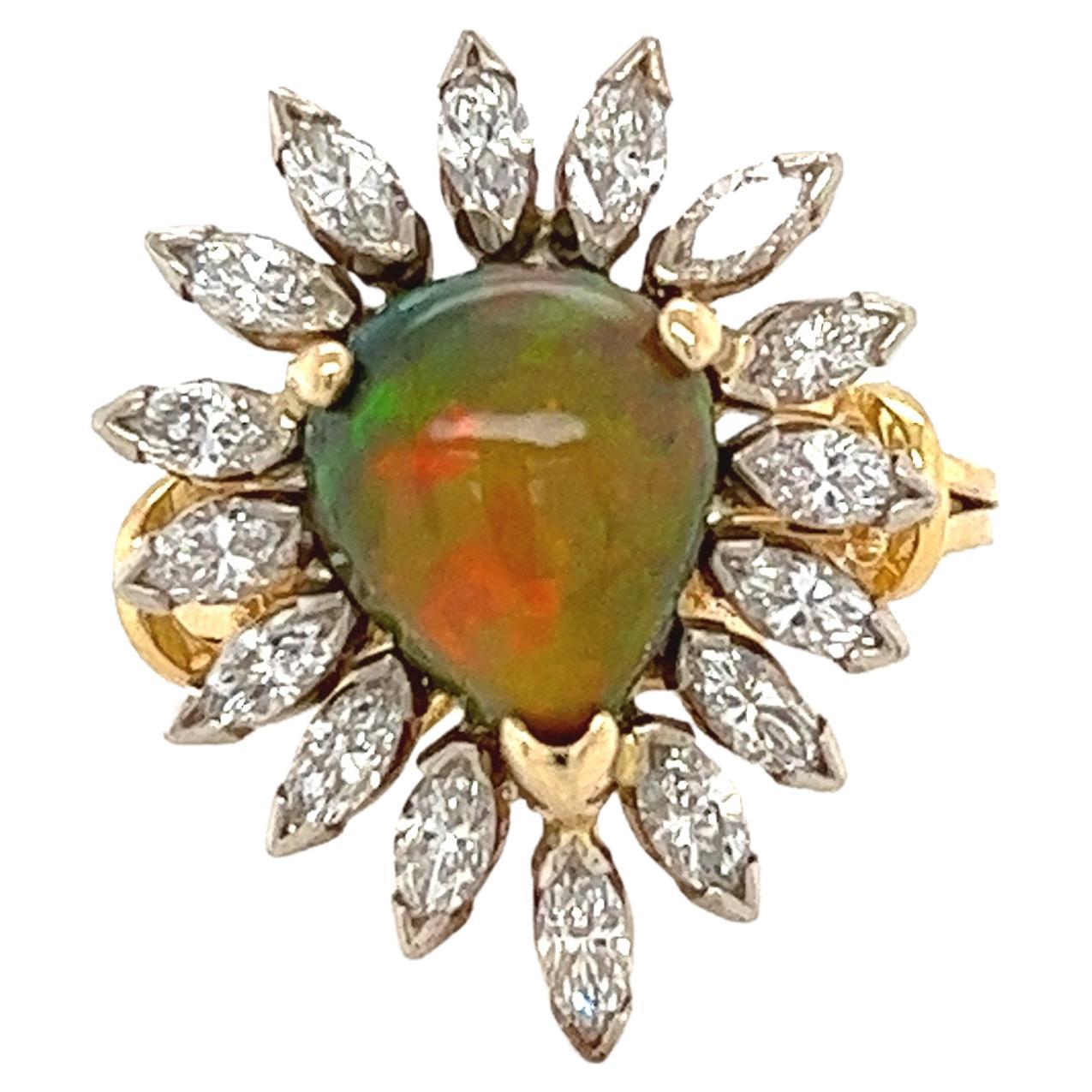 Natural Pear Shape Opal and Marquise Cut Diamond Halo in 18K Yellow Gold Ring For Sale
