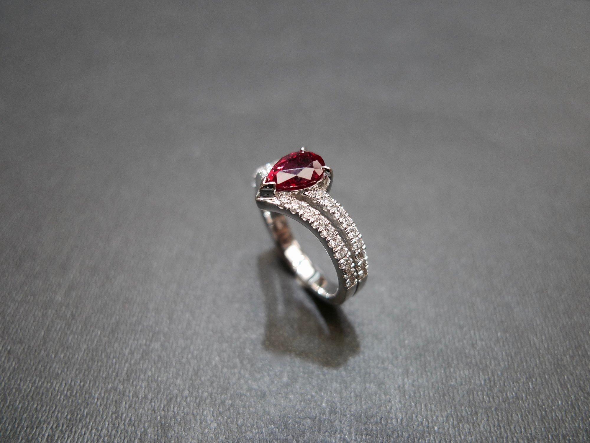 For Sale:  Natural Pear Shape Pigeon Blood Ruby and Diamond Engagement Ring 18K White Gold 10