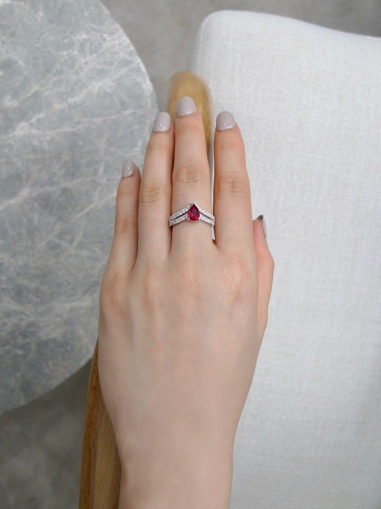 For Sale:  Natural Pear Shape Pigeon Blood Ruby and Diamond Engagement Ring 18K White Gold 2