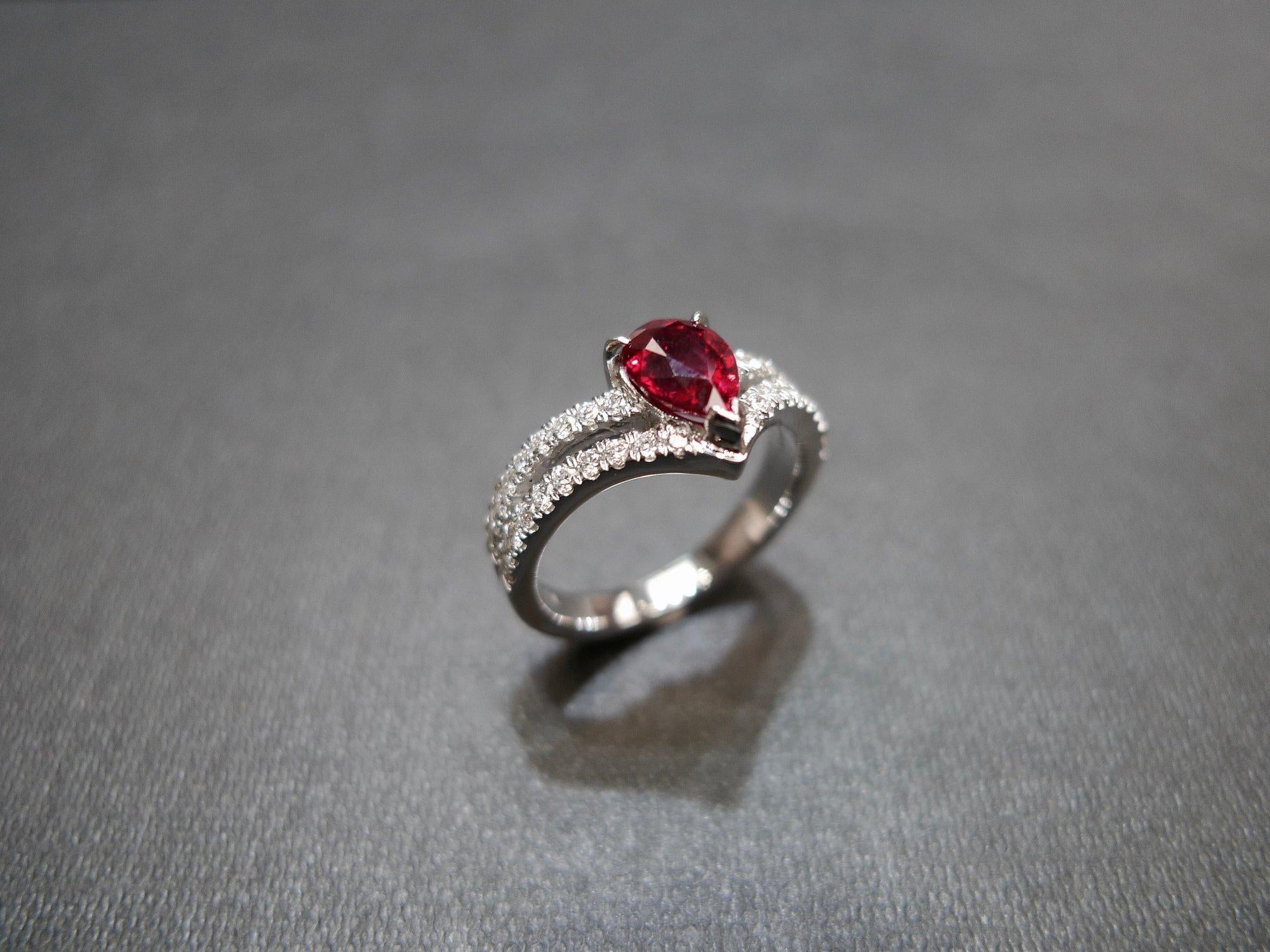 For Sale:  Natural Pear Shape Pigeon Blood Ruby and Diamond Engagement Ring 18K White Gold 3