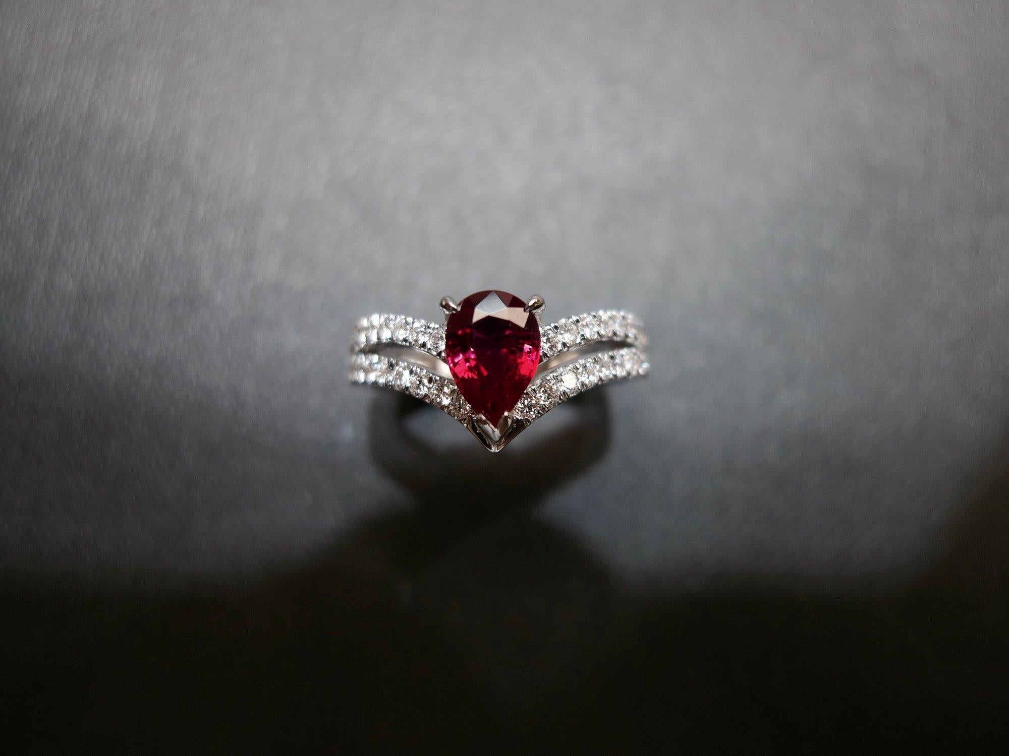 For Sale:  Natural Pear Shape Pigeon Blood Ruby and Diamond Engagement Ring 18K White Gold 4