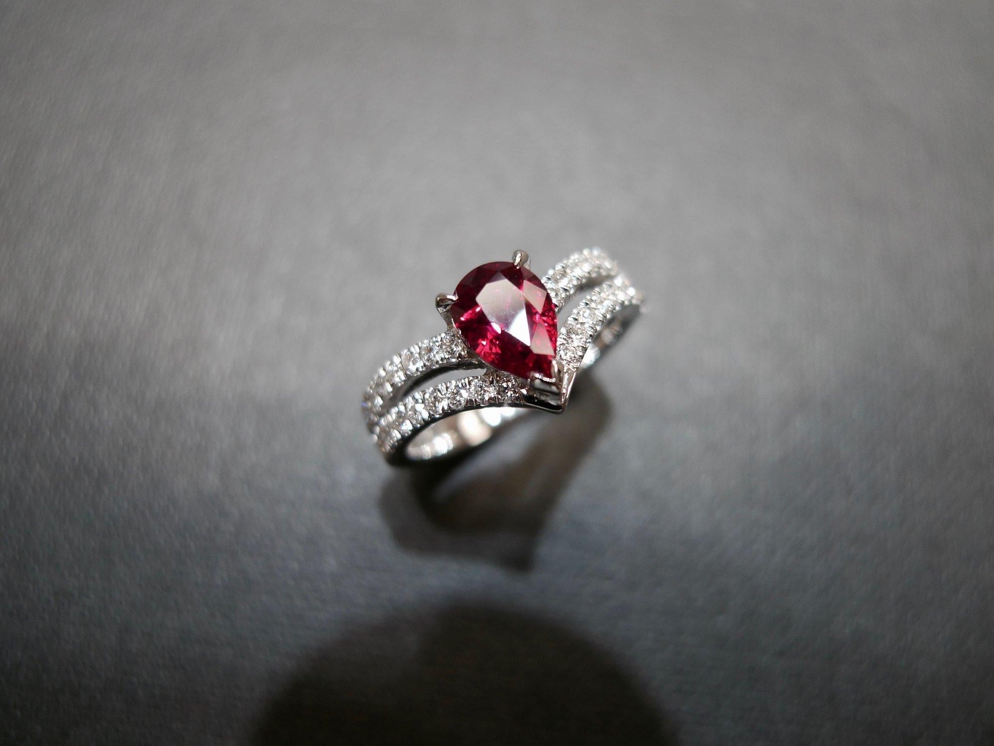 For Sale:  Natural Pear Shape Pigeon Blood Ruby and Diamond Engagement Ring 18K White Gold 5