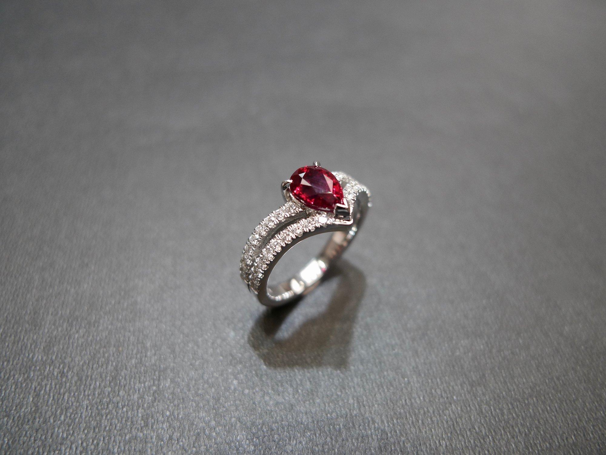 For Sale:  Natural Pear Shape Pigeon Blood Ruby and Diamond Engagement Ring 18K White Gold 6