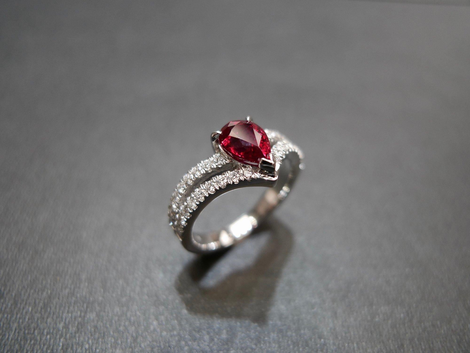 For Sale:  Natural Pear Shape Pigeon Blood Ruby and Diamond Engagement Ring 18K White Gold 7