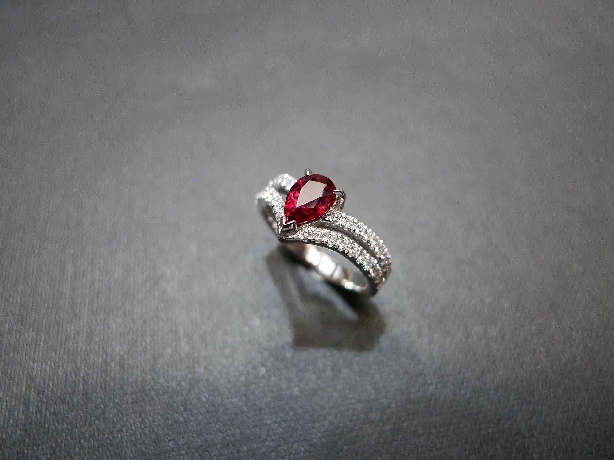 For Sale:  Natural Pear Shape Pigeon Blood Ruby and Diamond Engagement Ring 18K White Gold 8