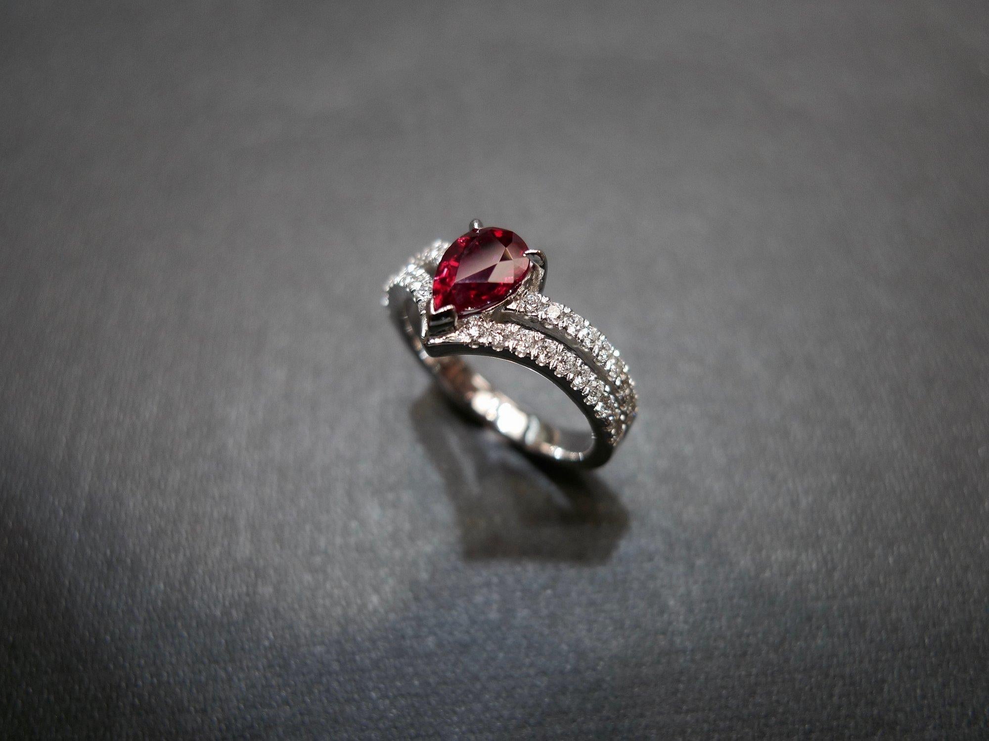 For Sale:  Natural Pear Shape Pigeon Blood Ruby and Diamond Engagement Ring 18K White Gold 9