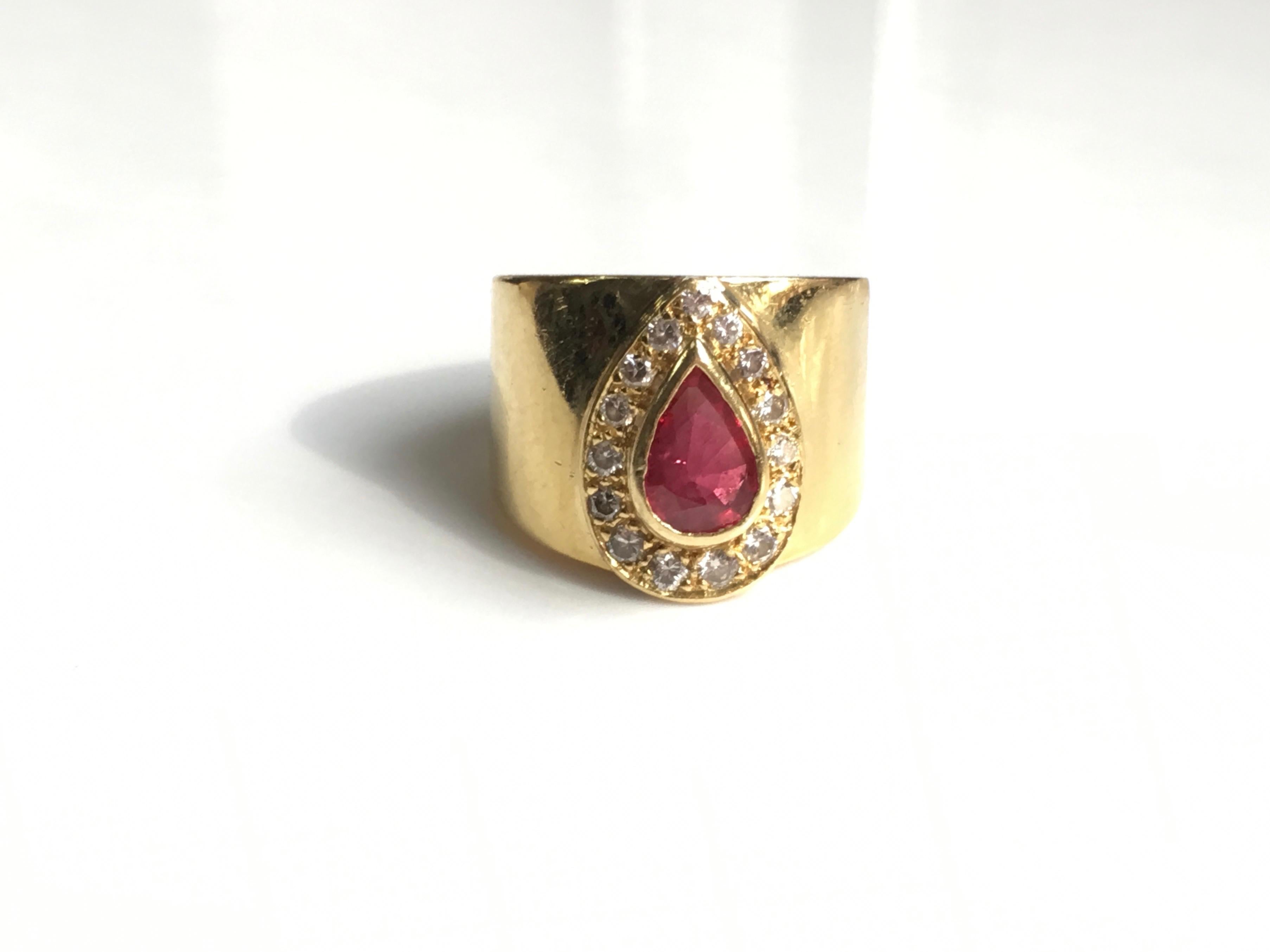 Pear Cut AGI Certified Natural Pear Ruby and White Diamond Cocktail Ring in 18K Gold