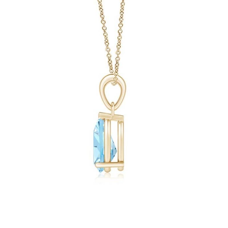 This classic solitaire aquamarine pendant allures with its delightful pastel blue hue. Gracefully suspended from a shiny metal bale, the prong set pear-shaped gem looks fascinatingly beautiful. This aquamarine dangle pendant is crafted in 14k yellow