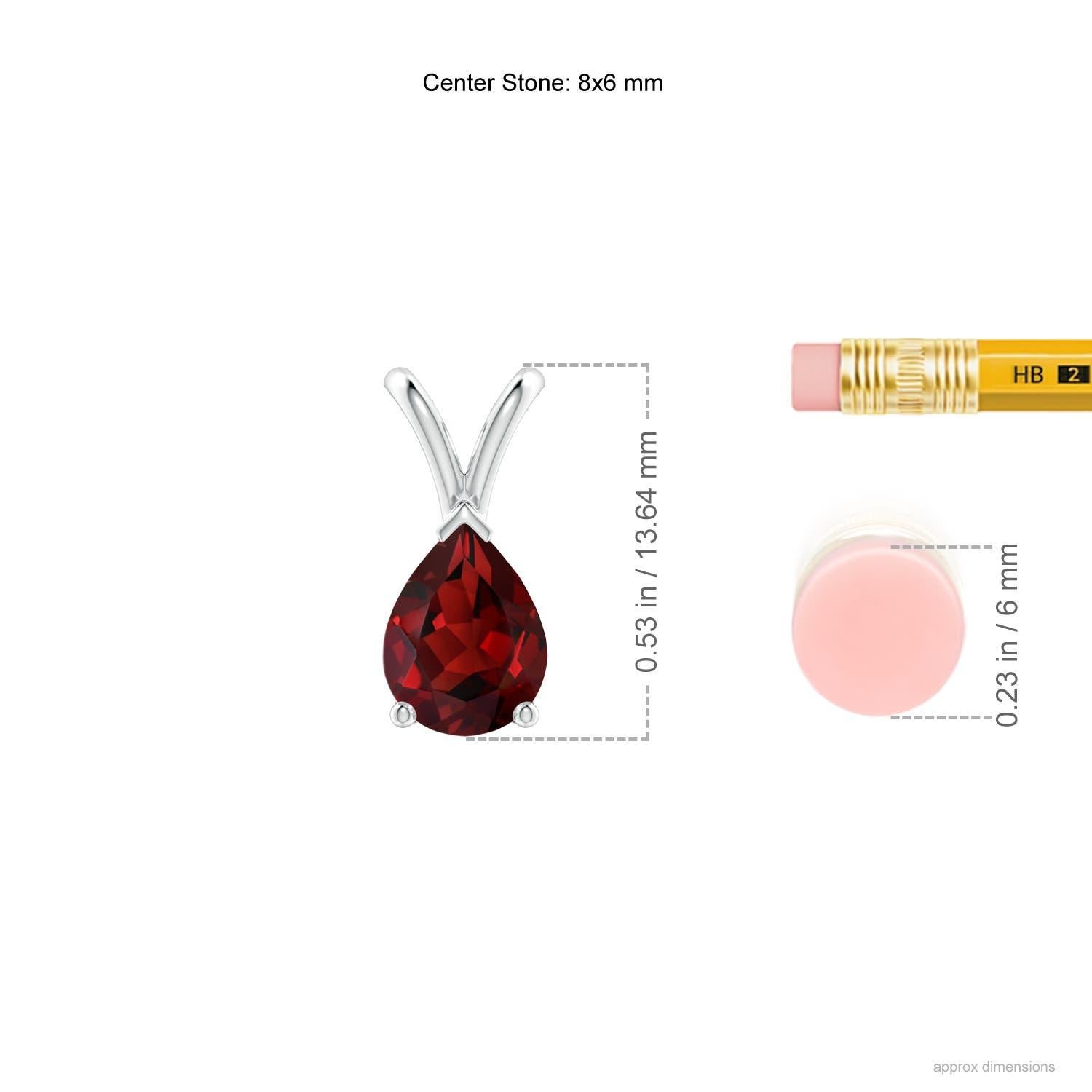 This platinum classic solitaire garnet pendant looks elegant in its minimalistic design. Linked to a shiny v-bale, the magnificent pear-shaped garnet captivates with its intense red hue. The three-prong setting of the gem showcases its exceptional
