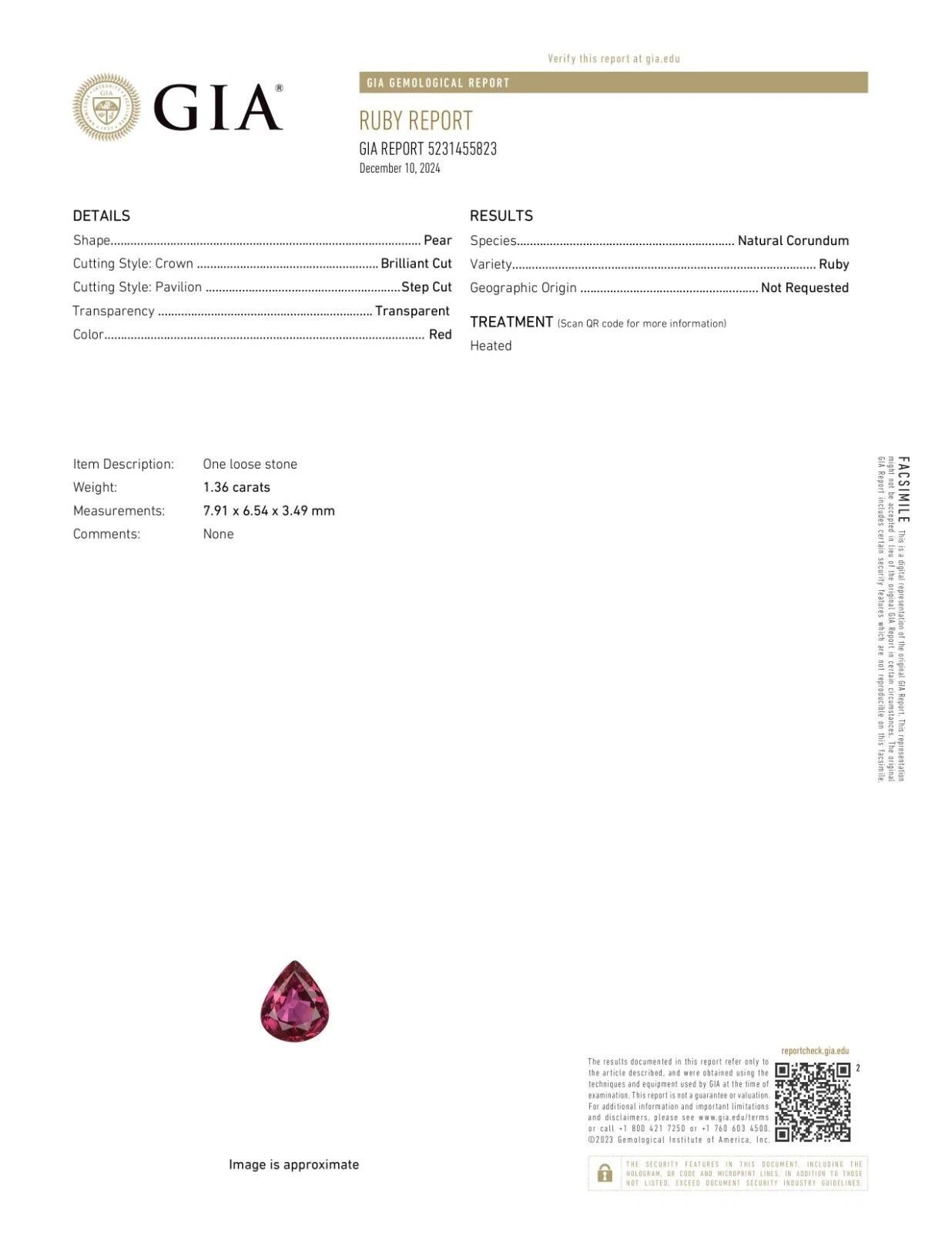 Natural Pear Shaped 1.36CT Loose Heated Red Ruby en venta 3