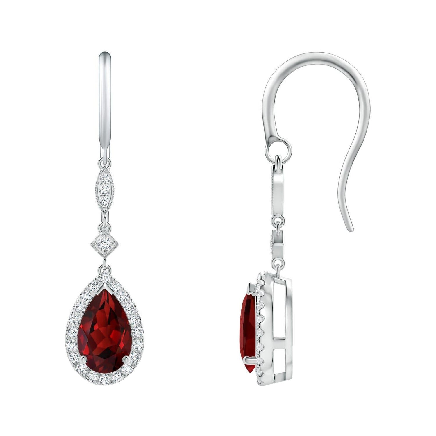 Orecchini pendenti con granato naturale a forma di pera da 2,4 carati e diamante in oro bianco 14K in vendita