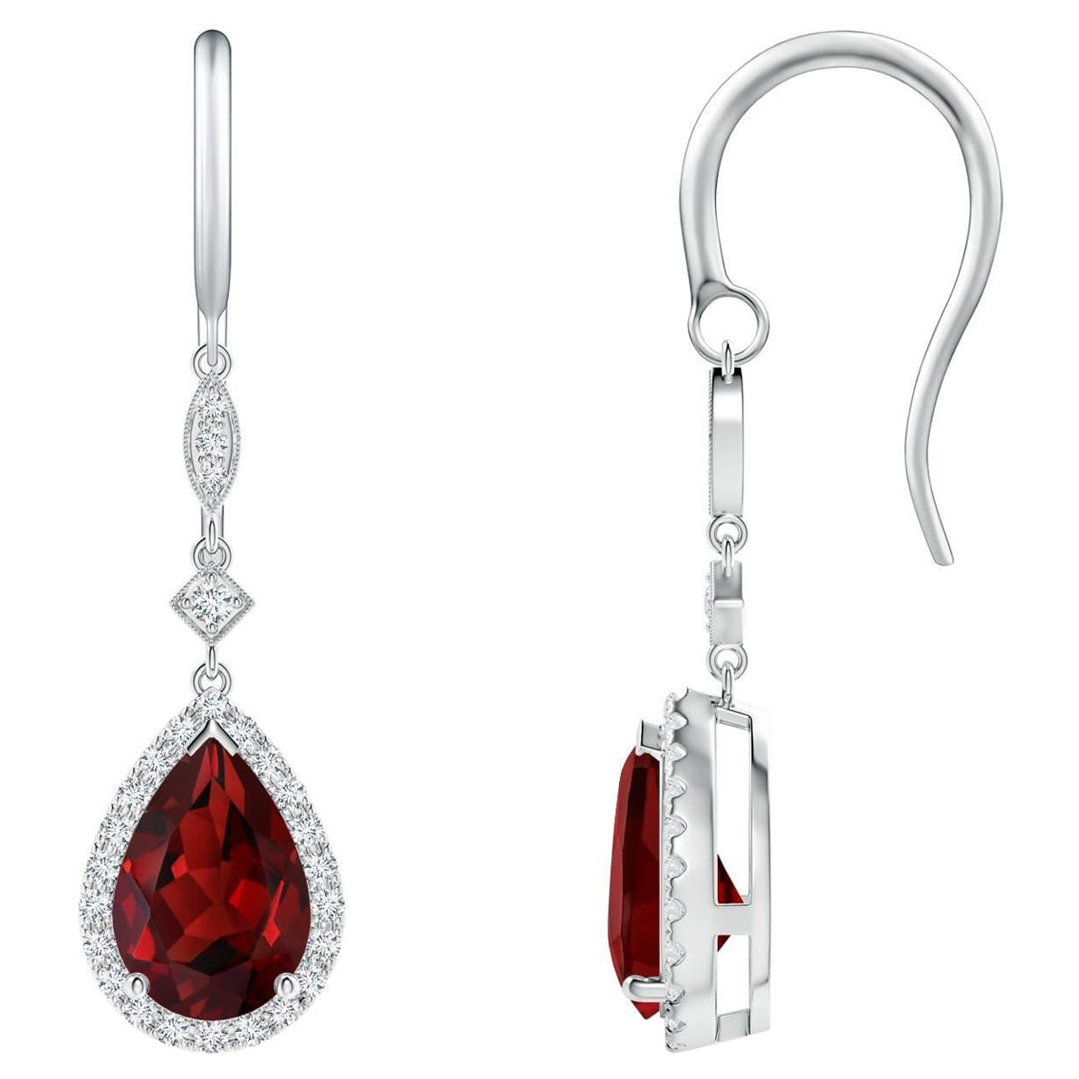 Orecchini pendenti di granato naturale a forma di pera da 3 carati con diamante in platino