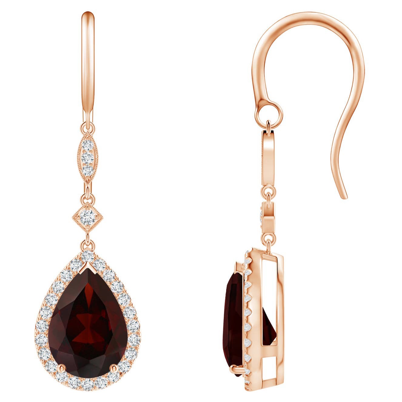 Orecchini pendenti con granato naturale a forma di pera da 4,2 carati e diamante in oro rosa 14K