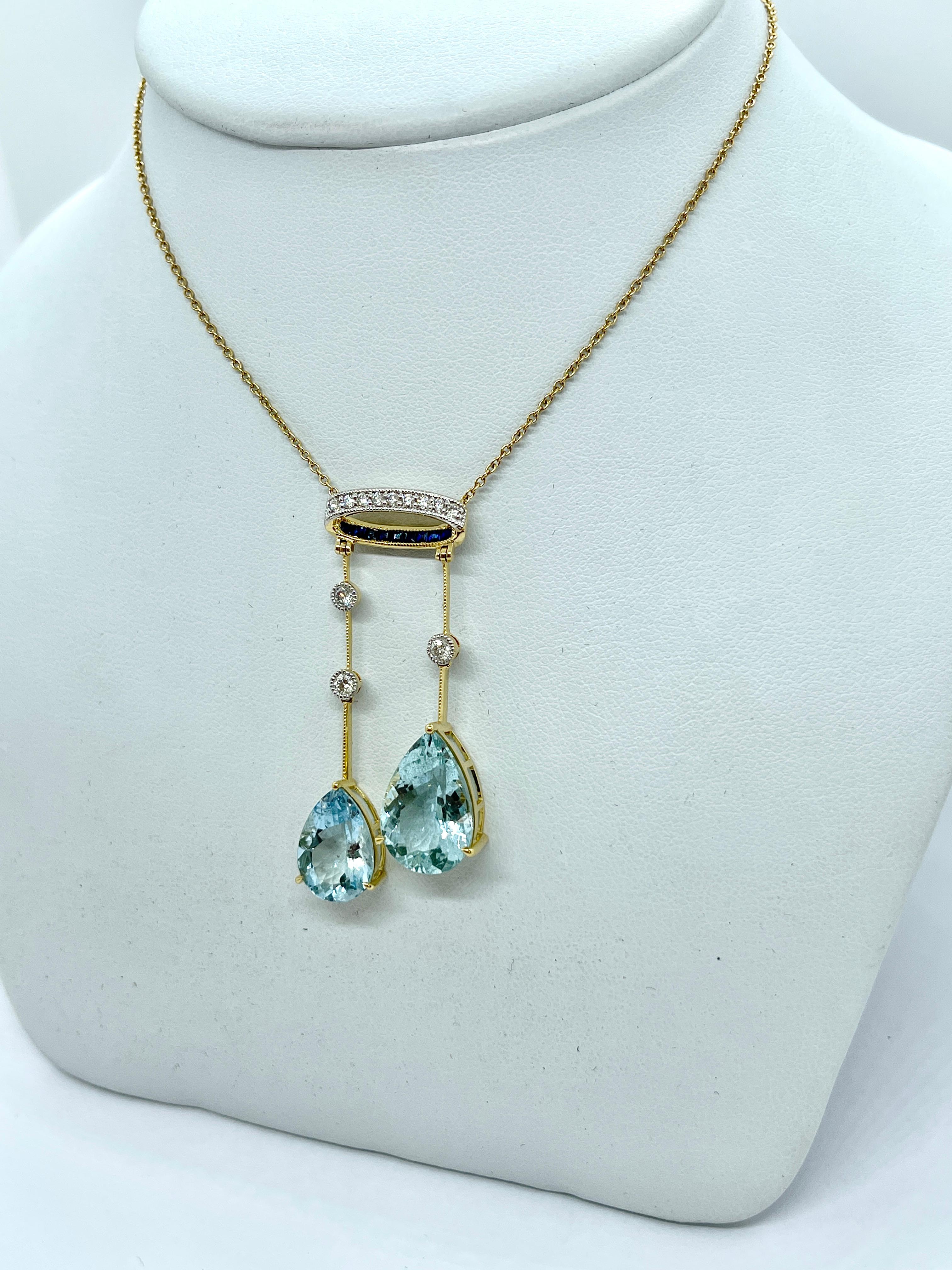 Art Nouveau Natural Pear Shaped Aquamarine Diamond, Sapphire Pendant Necklace with Valuation For Sale