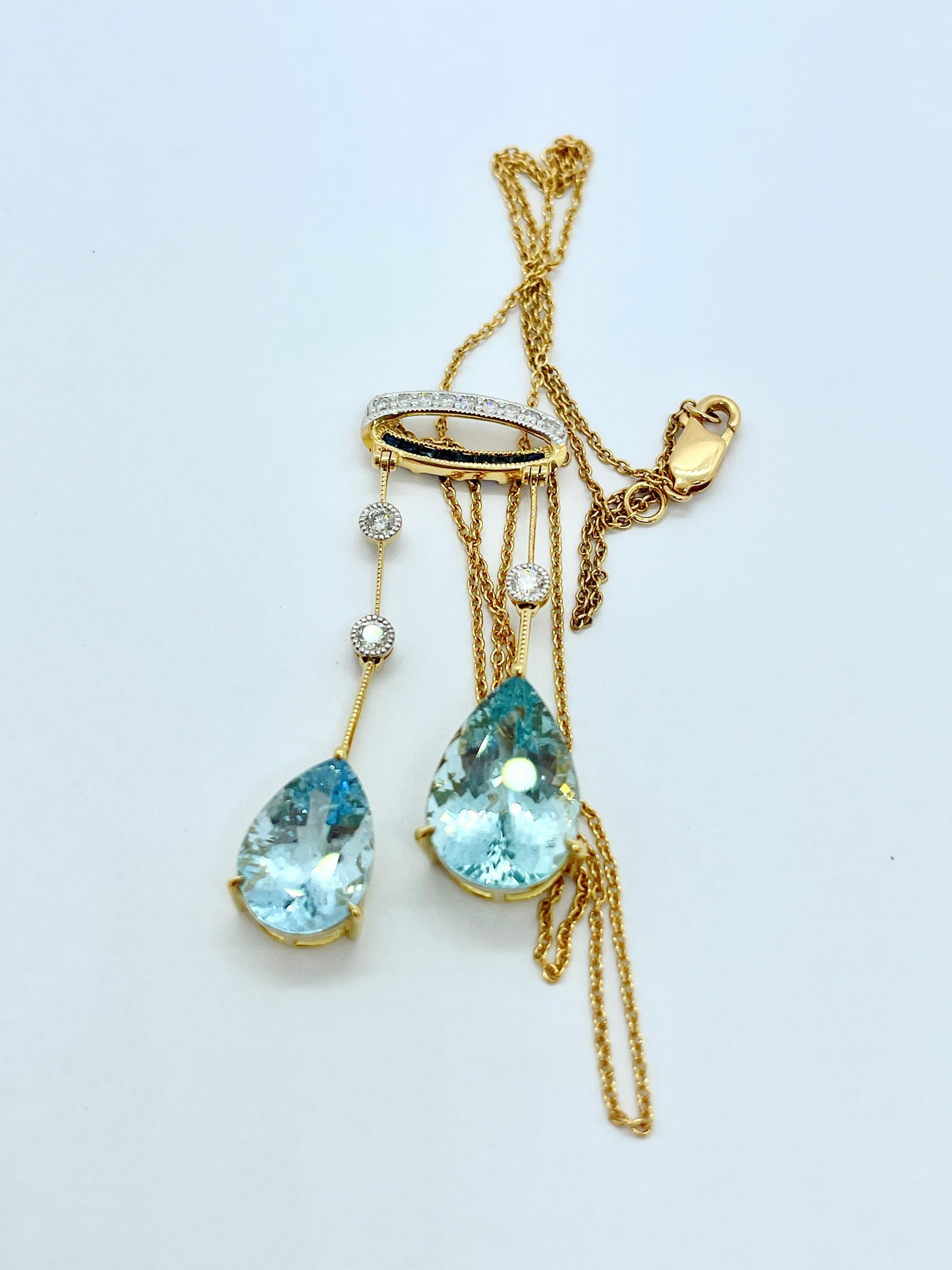 Women's Natural Pear Shaped Aquamarine Diamond, Sapphire Pendant Necklace with Valuation For Sale