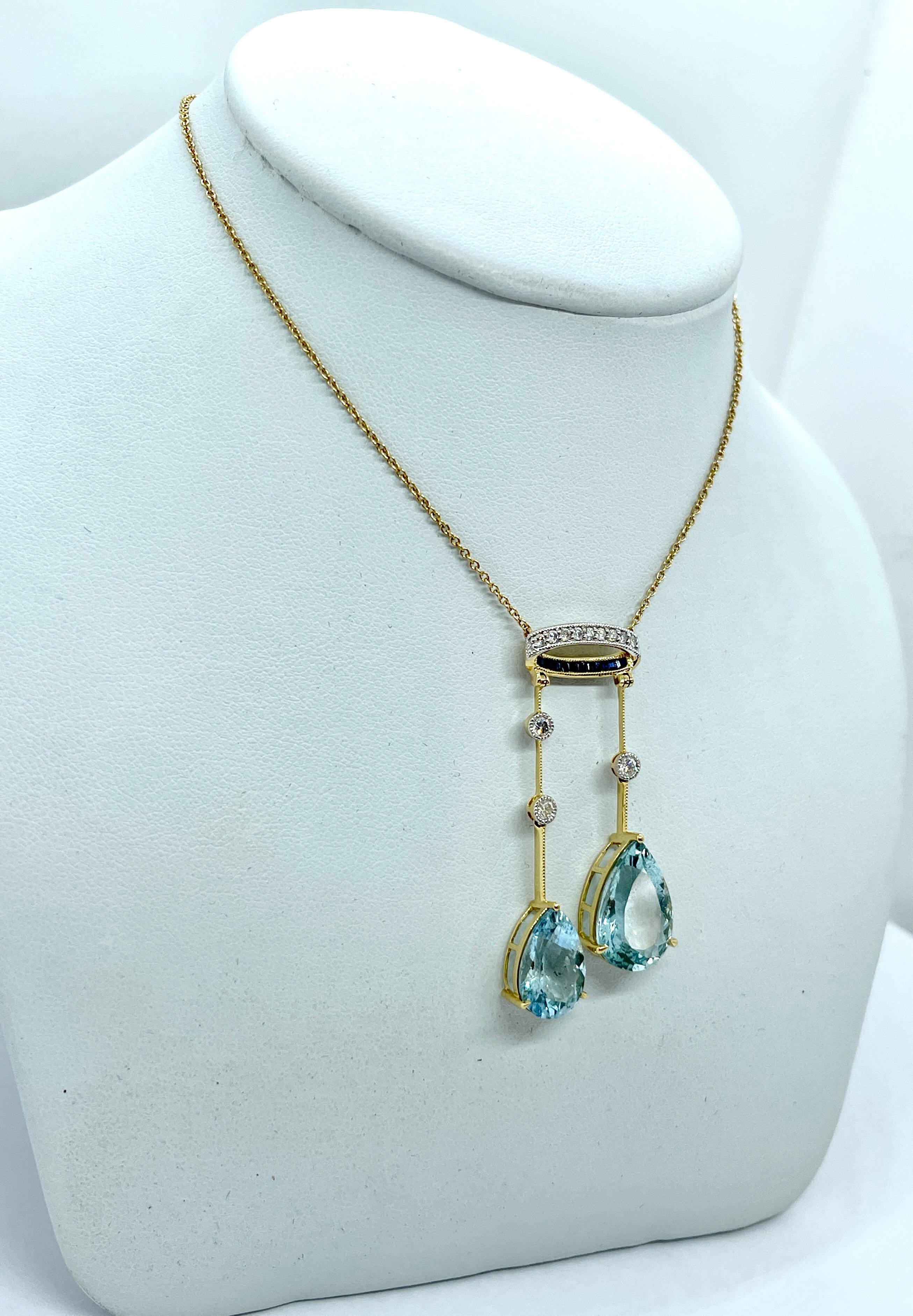Natural Pear Shaped Aquamarine Diamond, Sapphire Pendant Necklace with Valuation For Sale 2