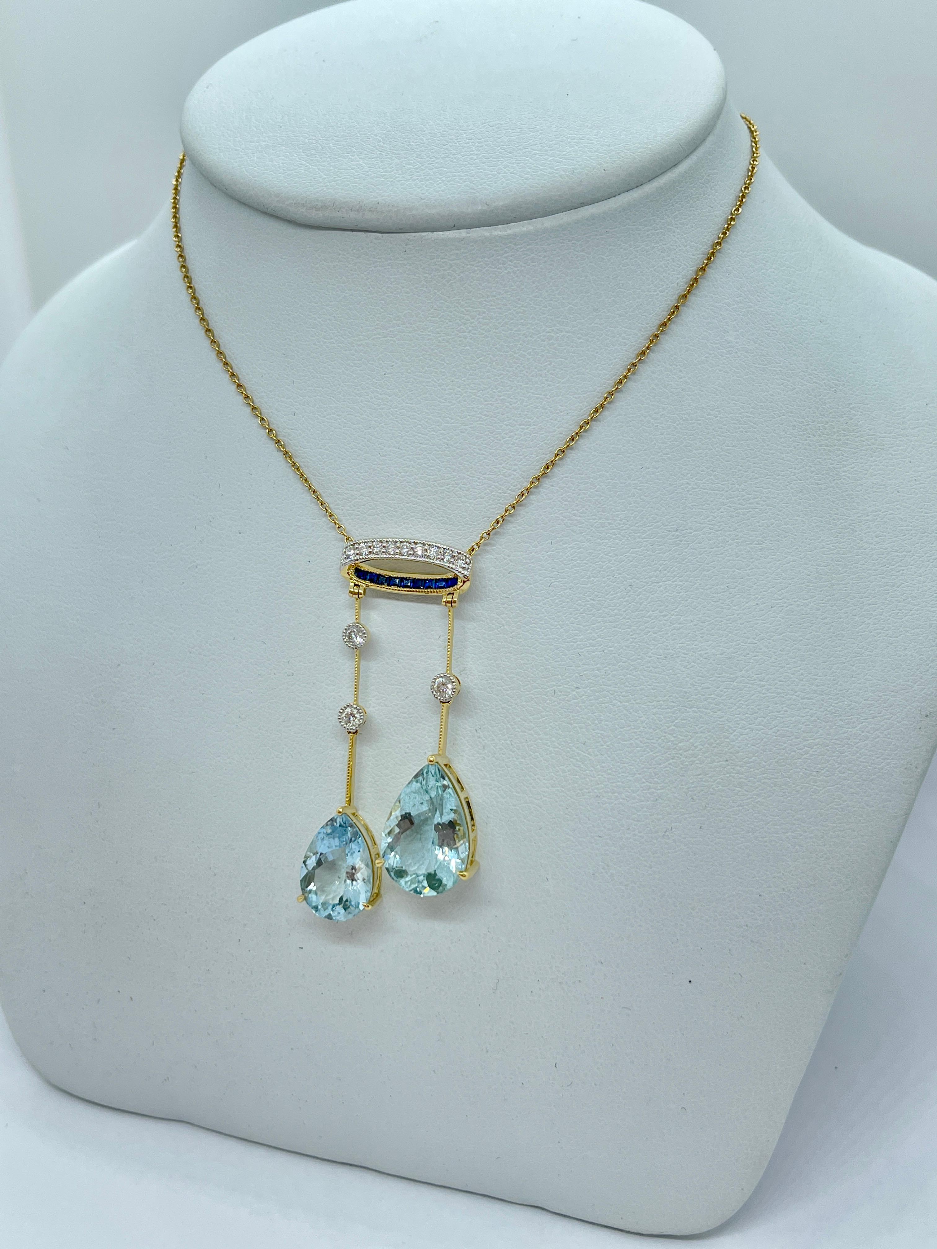 Natural Pear Shaped Aquamarine Diamond, Sapphire Pendant Necklace with Valuation For Sale 3
