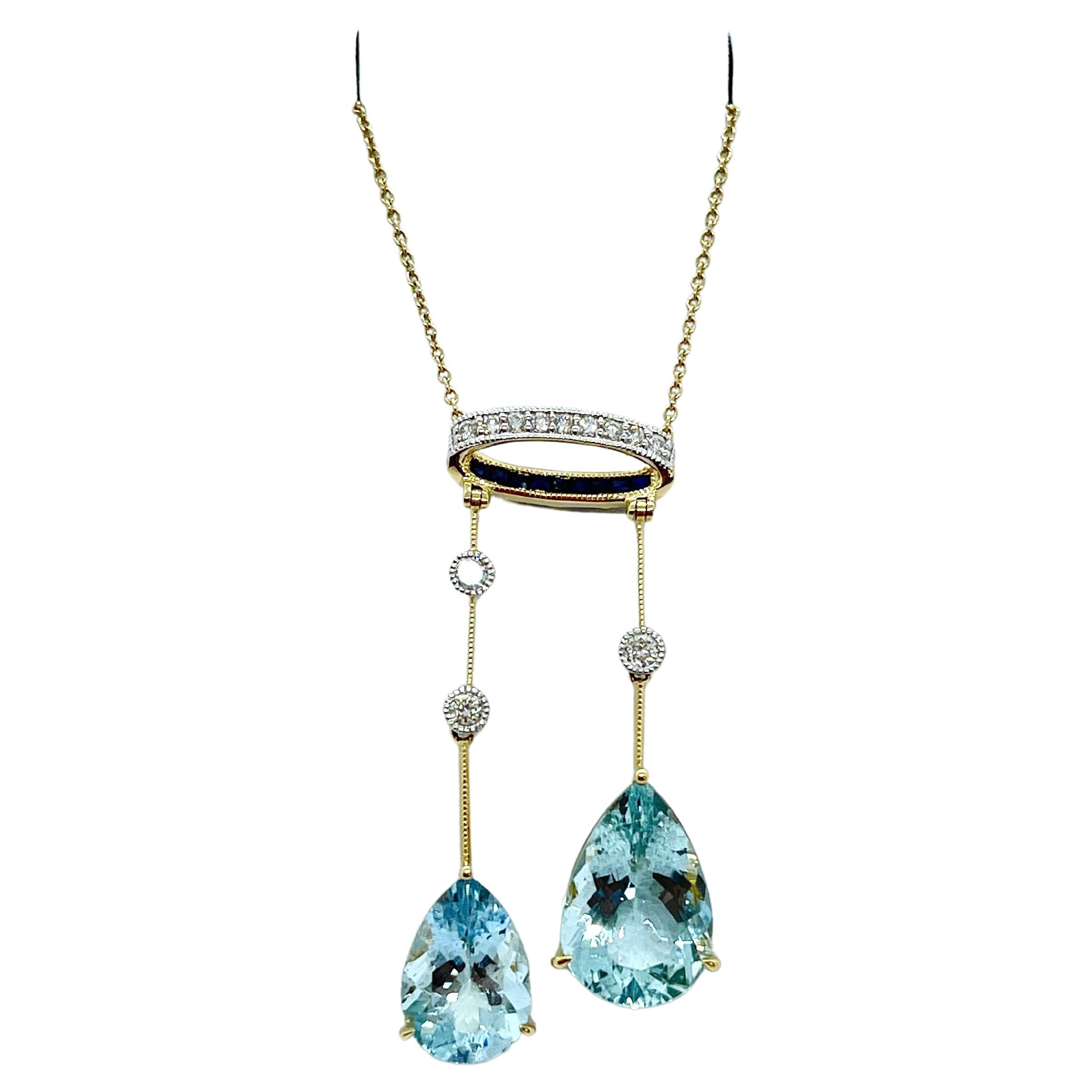 Natural Pear Shaped Aquamarine Diamond, Sapphire Pendant Necklace with Valuation