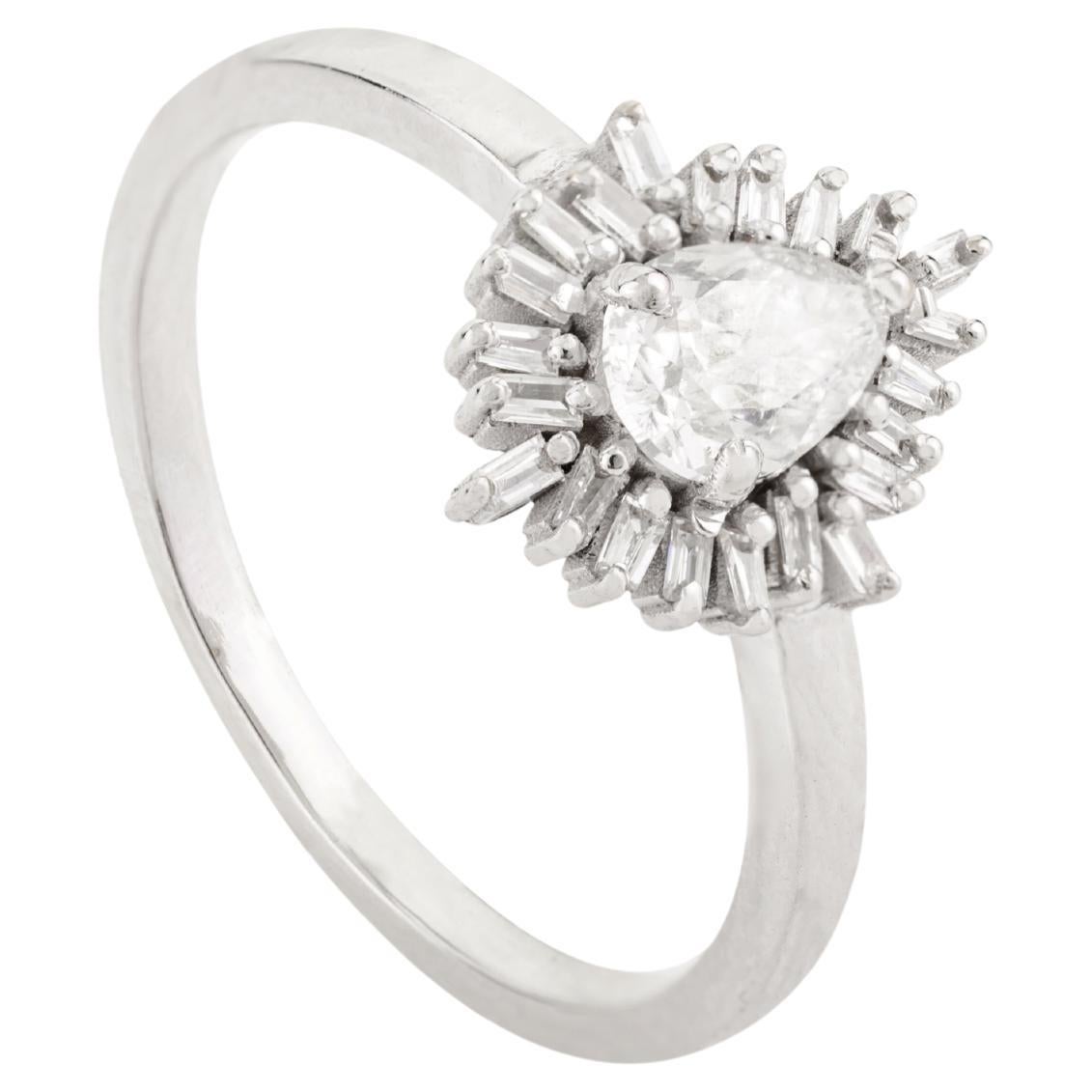 Natural Pear Shaped Diamond Engagement Ring in 18k Solid White Gold Fine Jewelry