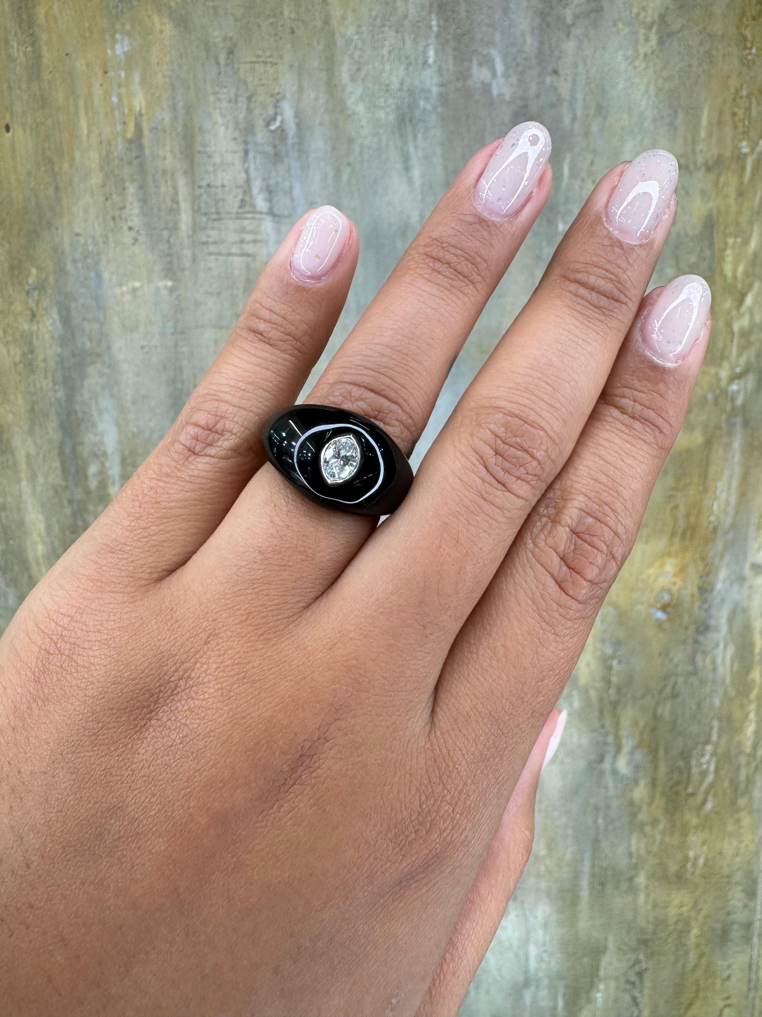 Pear Cut Natural Pear Shaped Diamond Gypsy Ring Black Resin 18k White Gold For Sale