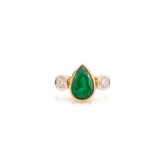 Natural Pear-Shaped Emerald & Diamond Three-Stone Ring in 14K Yellow Gold 2.29Ct
