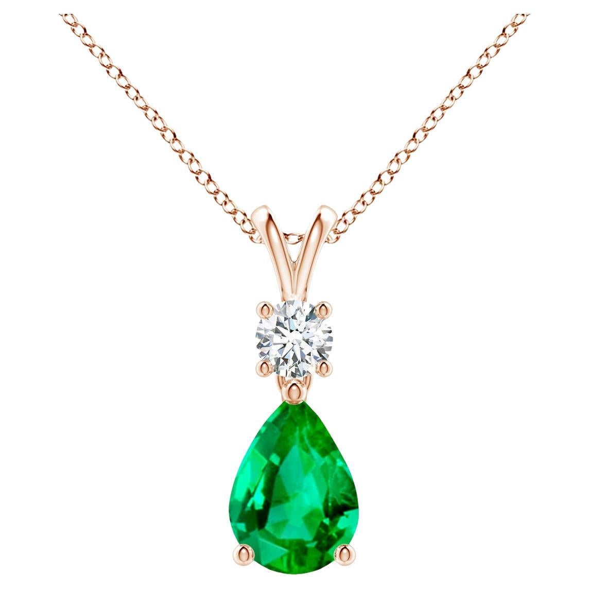 Natural Pear-Shaped Emerald V-Bale Pendant in 14K Rose Gold Size-7x5mm For Sale